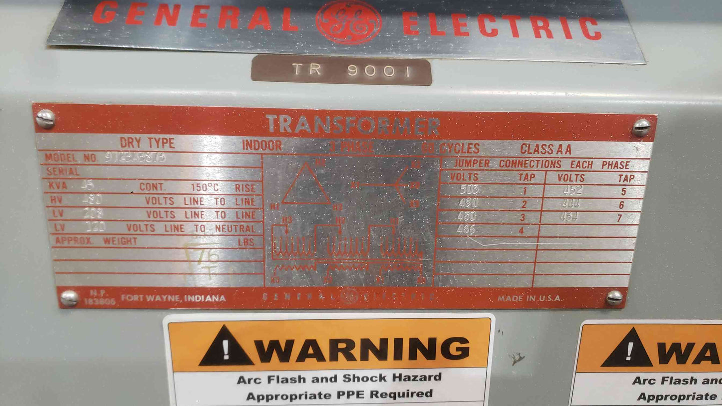 GE 45kVA 3-Phase Dry Type Transformer 480V to 208Y/120V 9T23B3873 Type QL(SKU: 112926)