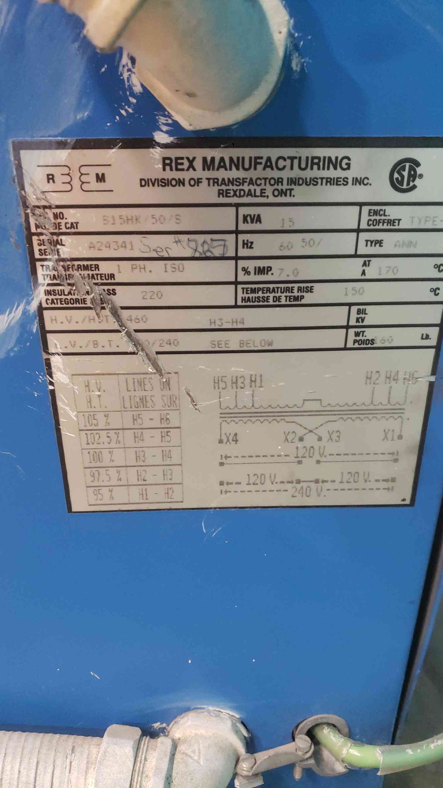 Rex Manufacturing 15kVA Isolation Transformer 1 Phase 480V to 120/240V 60Hz Dry Type (SKU: 112929)