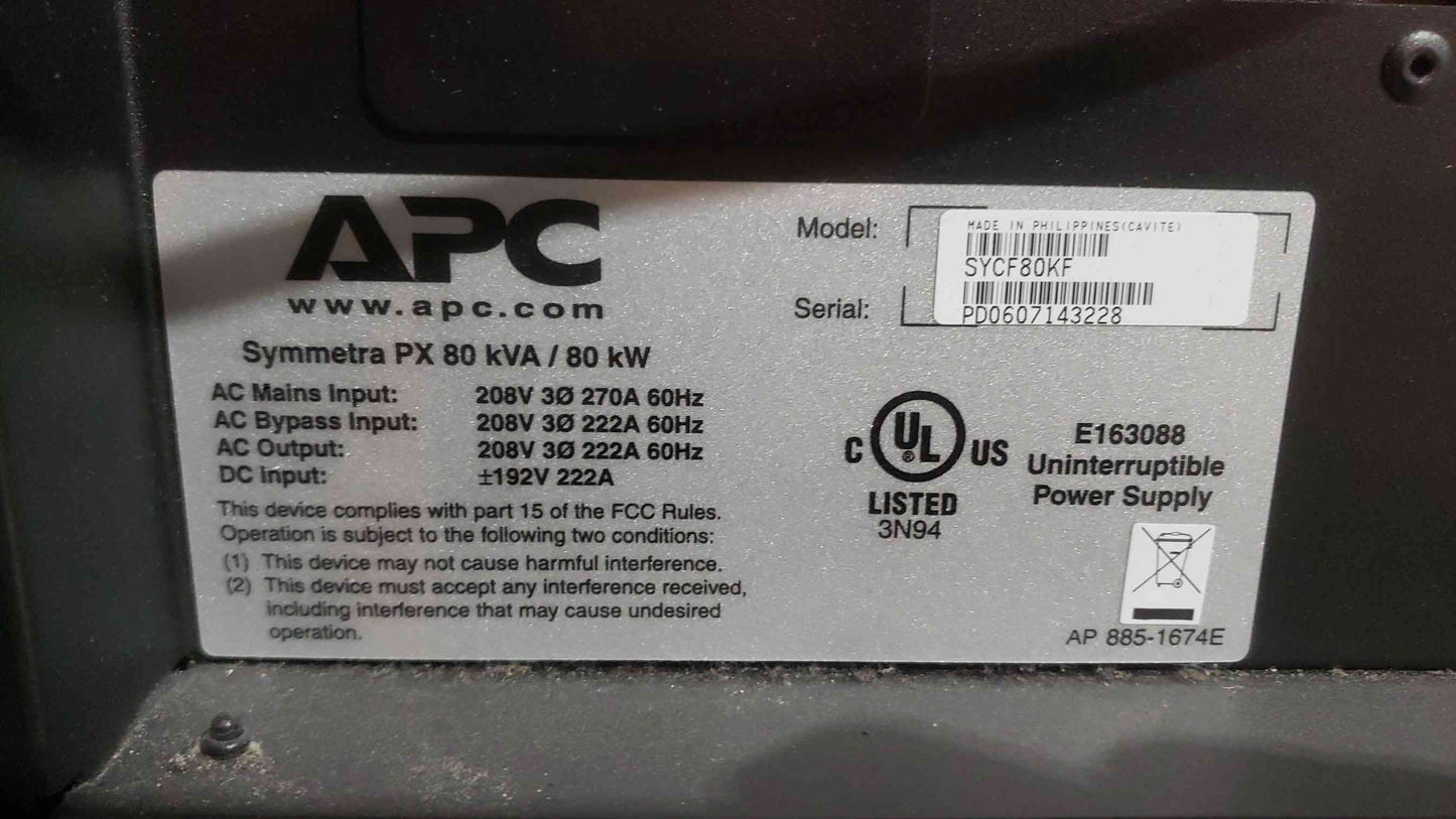 APC Symmetra PX 80kVA 80kW UPS 208V 3-Phase SYCF80KF (3) SYCF8BF Battery Enclosures(SKU: 112950)