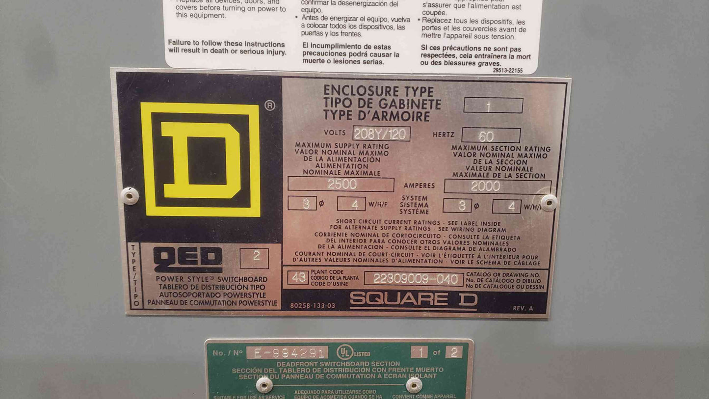 Square D QED-2 Switchboard 2500A 208Y/120V 3PH 4W | PowerStyle Switchgear Lineup 2x RG1000 (SKU: 112981)
