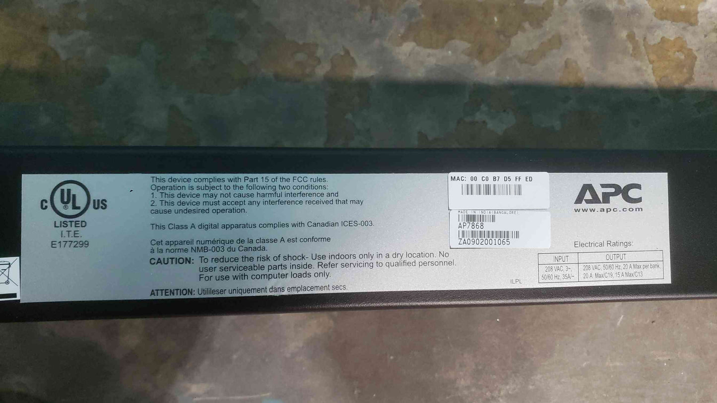 APC AP7868 Metered Rack PDU 3-Phase 208V 8.6kW 35A 42-Outlet Zero-U Vertical (SKU: 112959)