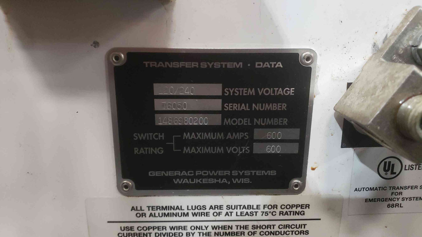 Generac 600 Amp Automatic Transfer Switch ATS 120/240V Model 1486980200 NEMA 3R (SKU: 112955)