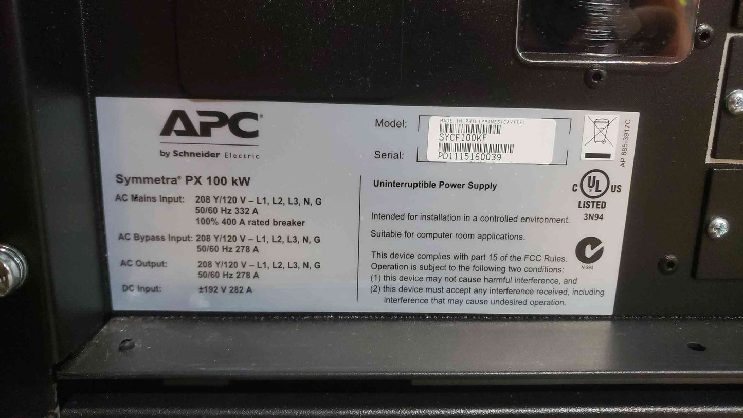 APC Symmetra PX 70KW Scalable 100kW UPS System 208V 3-Phase SYCF100KF Power Array w/ SYPM10KF Modules (SKU: 113038)