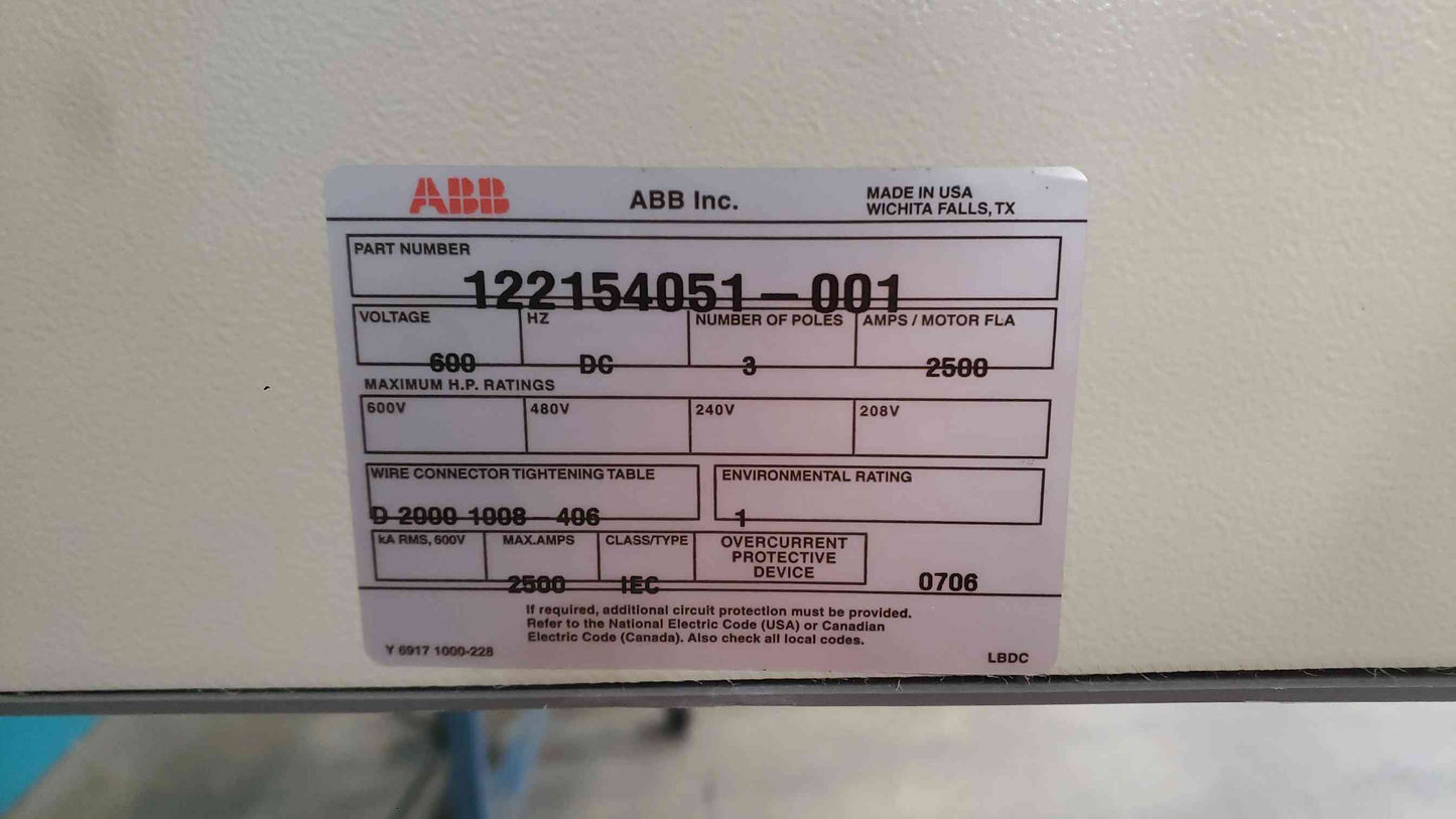 ABB SACE S8 2500A 600V DC Battery Disconnect Switch - 3 Pole - Enclosed NEMA 1 (SKU: 113064)