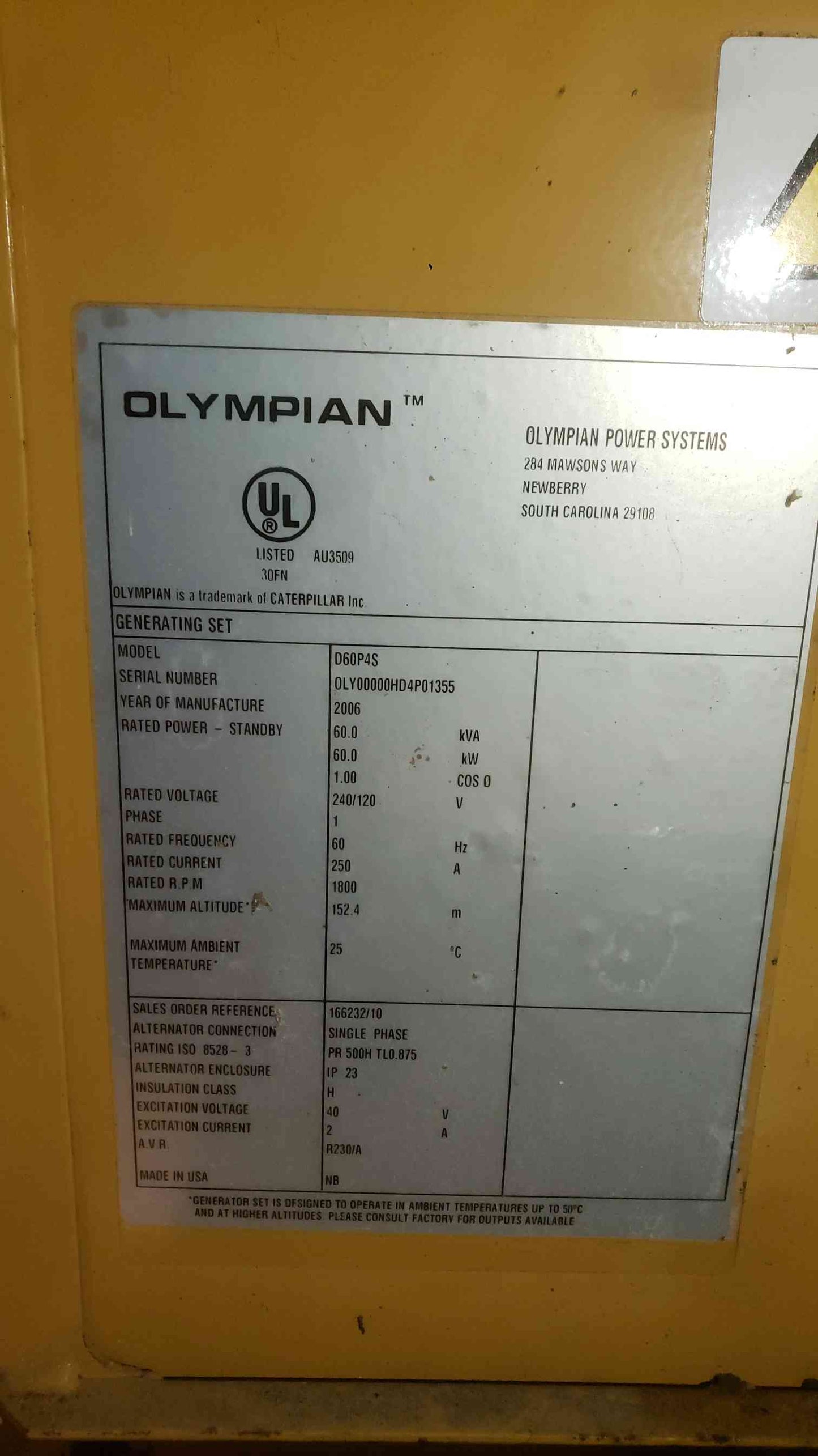 AS-IS 2006 Caterpillar Olympian D60P4S 60kW Diesel Generator 448hrs 1ph 120/240V (SKU: 113081)