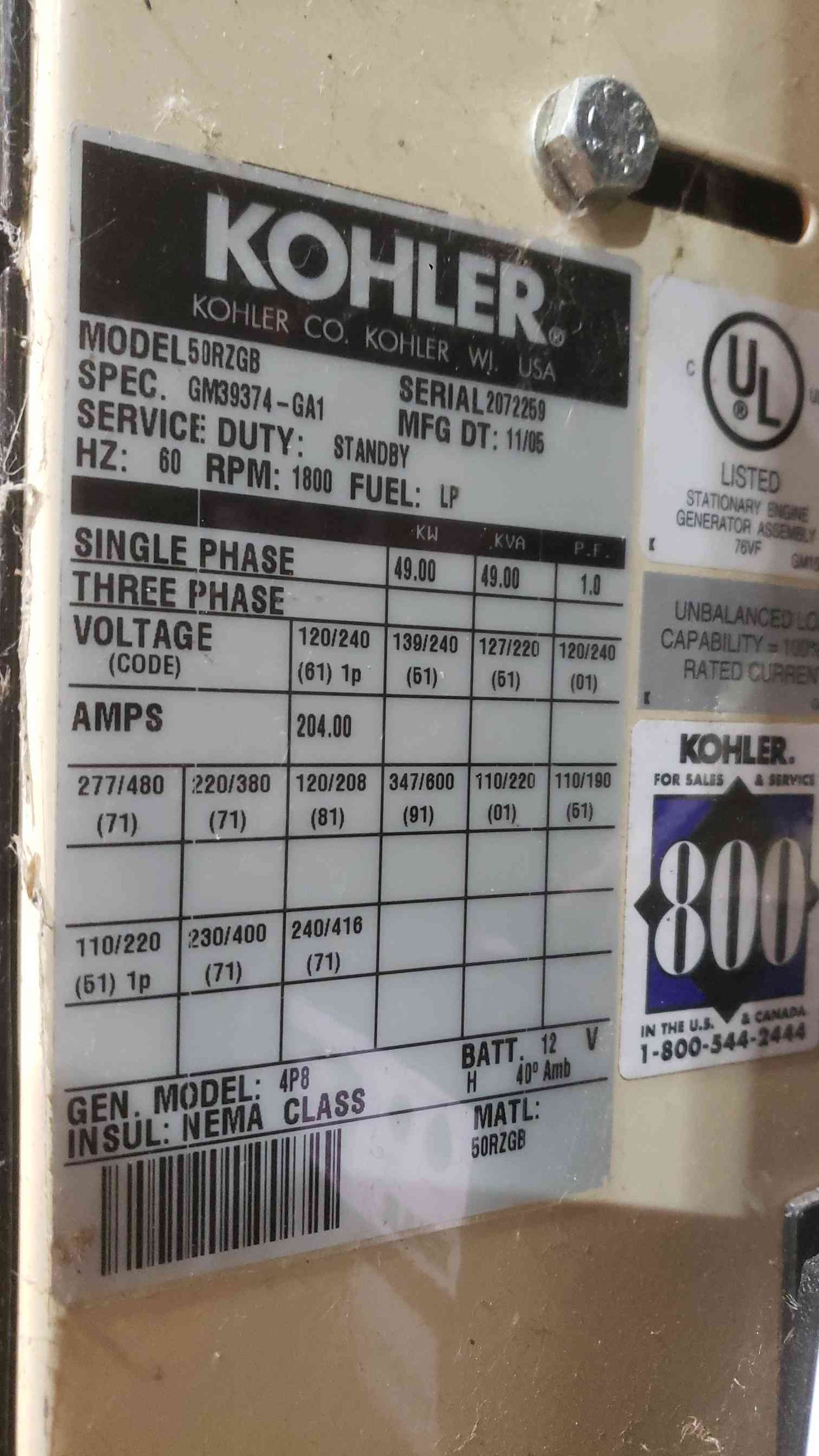 Kohler 50kW Standby Generator 50RZGB 1229Hrs LP Nat Gas TESTED (SKU: 113096)