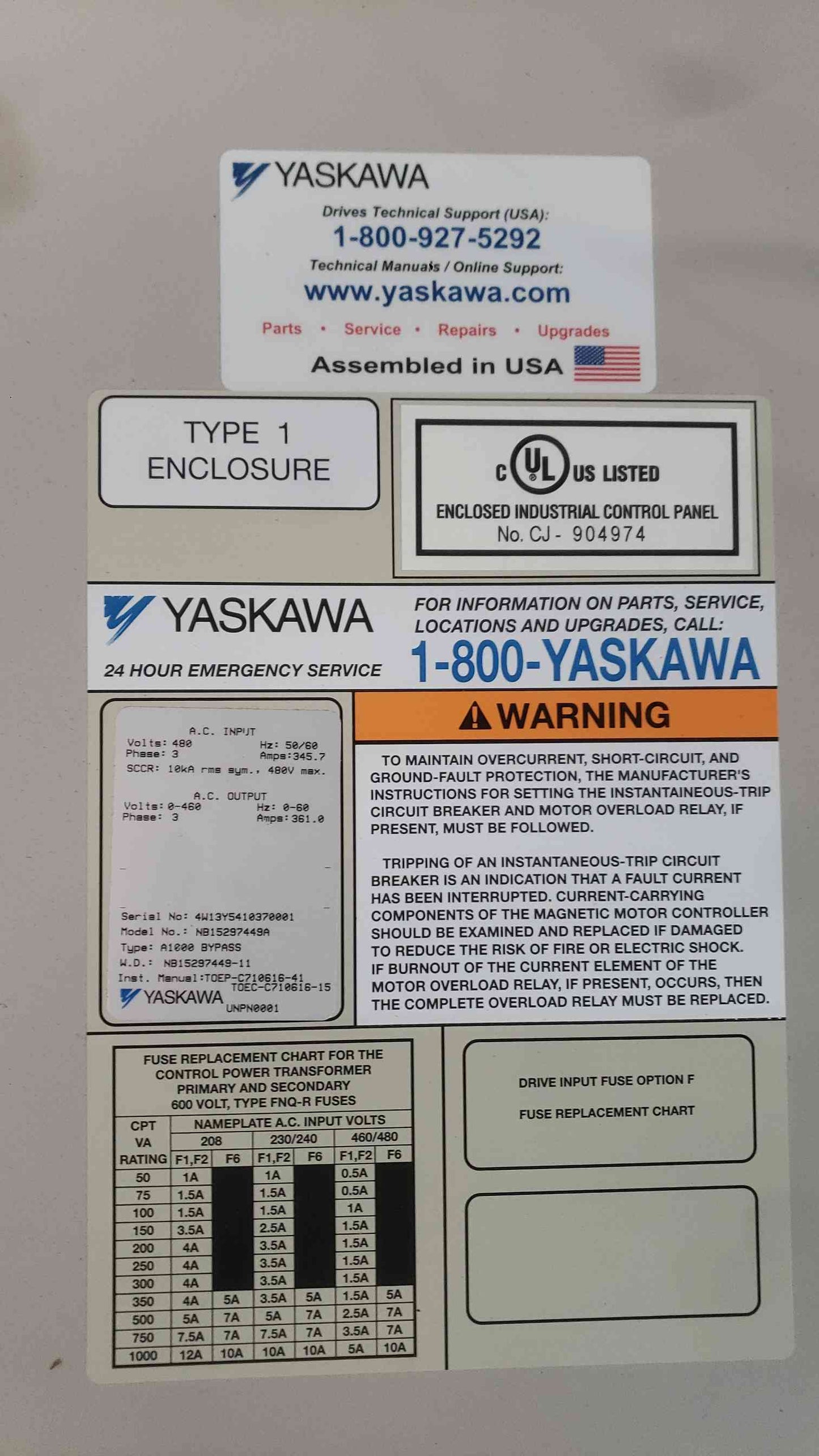 Yaskawa A1000 VFD 300HP 480V 3-Phase Enclosed Drive Bypass NB15297449A w/ MG500 Breaker (SKU: 113105)