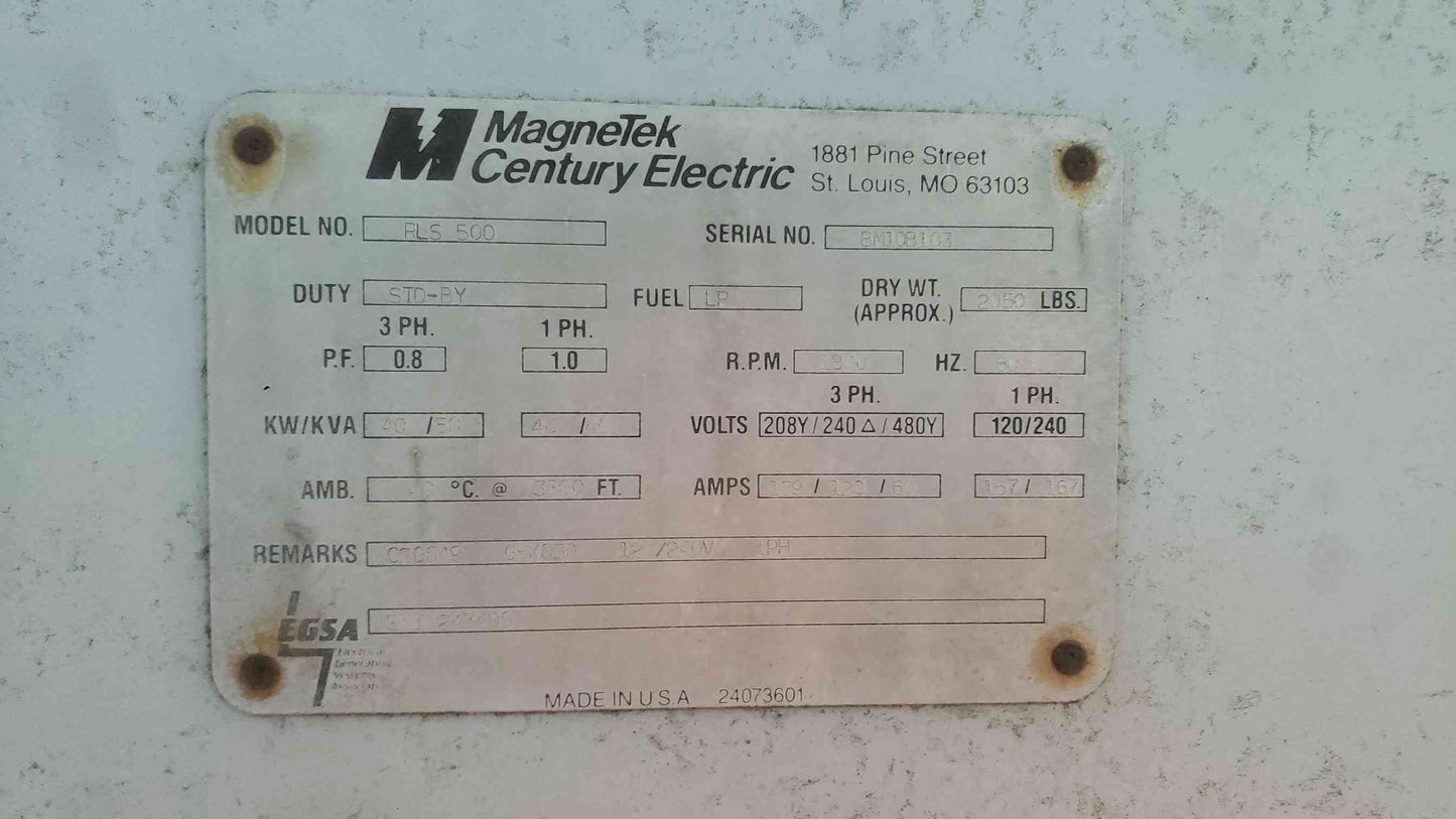 MagneTek 40kW Propane Natural Gas Generator RLS 500 Ford CSG-649 Engine 120/240V 1161.6 Hrs. TESTED (SKU: 113051)