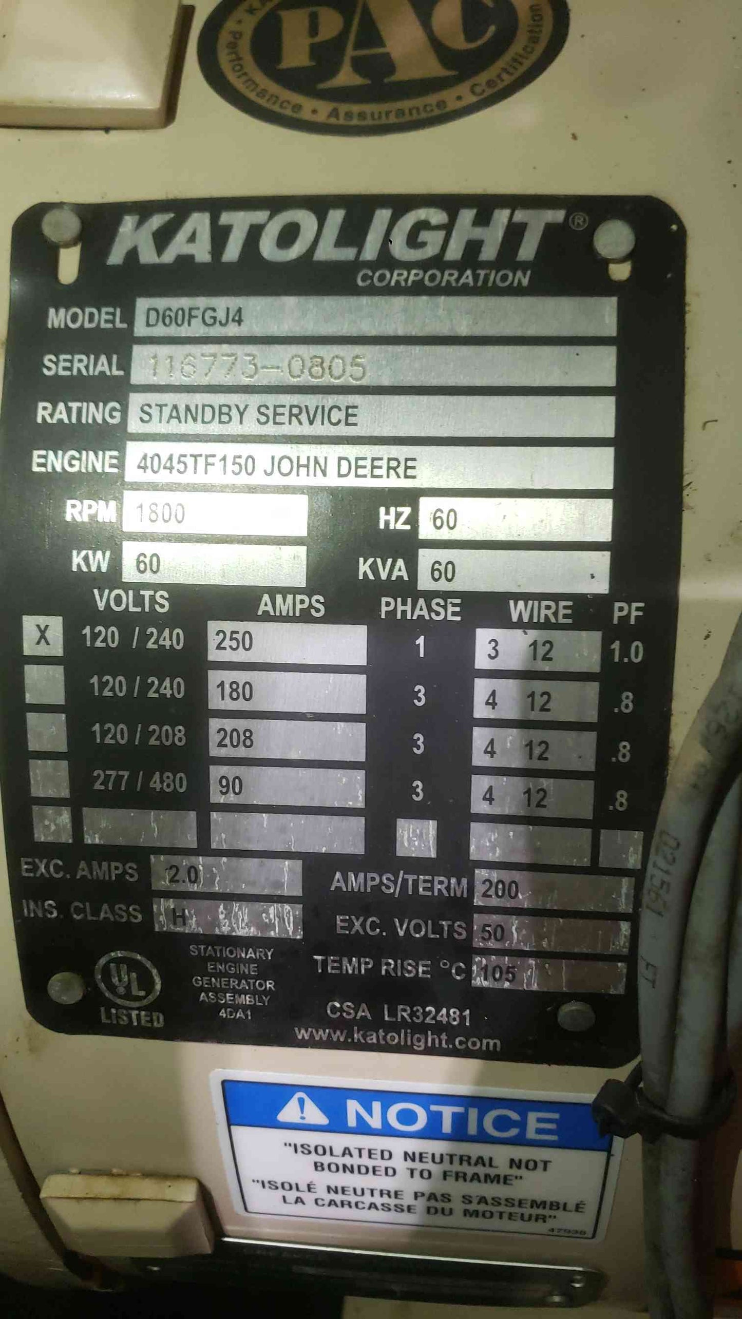 Katolight 60kW Diesel Generator John Deere Multi Voltage 849Hrs D60FGJ4 TESTED (SKU: 113138)
