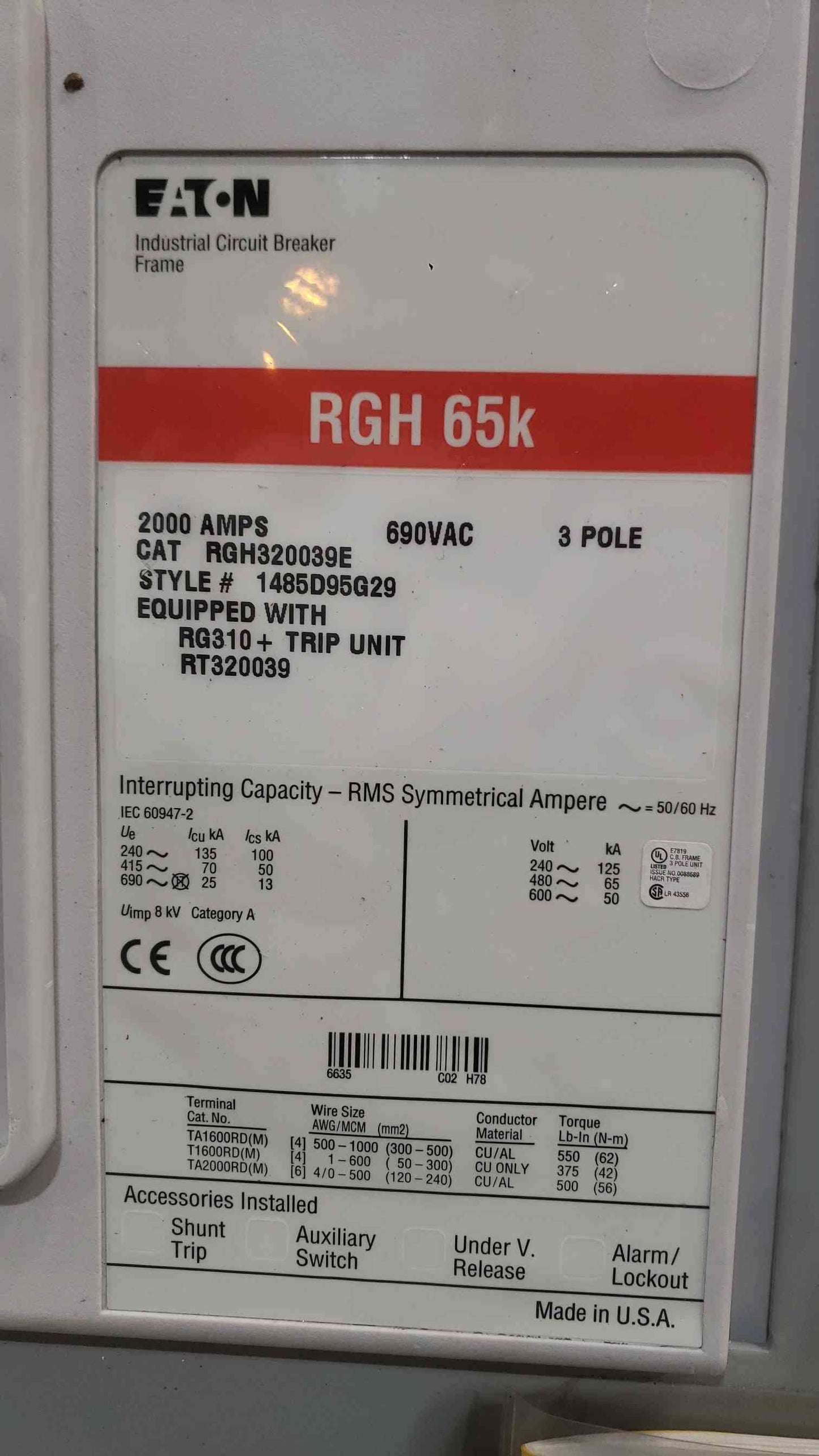 Eaton 2000A 480Y/277V 3PH 4W Pow-R-Line PRL-C Switchboard Main RGH 65k RGH32009E (SKU: 113140)