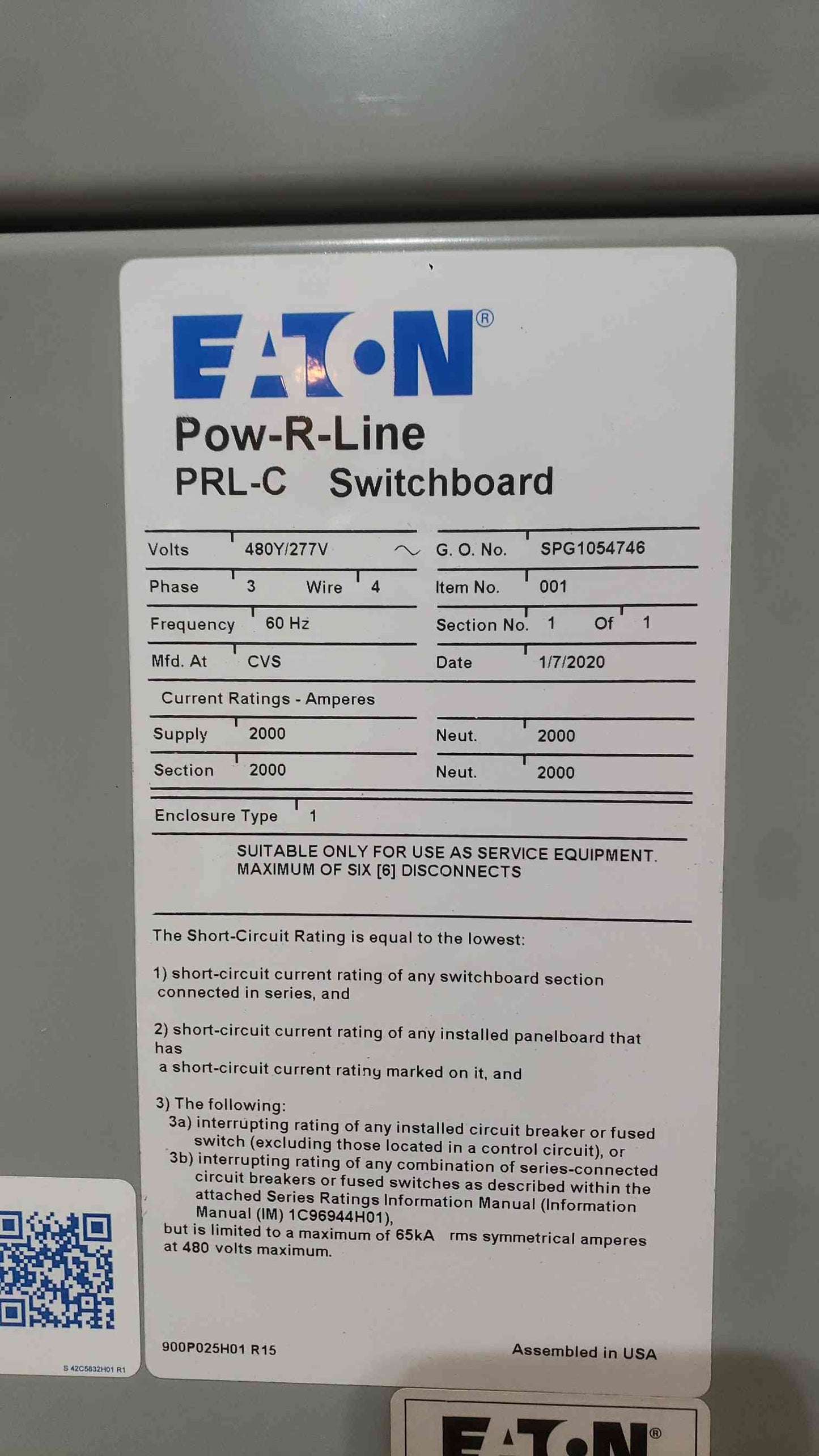 Eaton 2000A 480Y/277V 3PH 4W Pow-R-Line PRL-C Switchboard Main RGH 65k RGH32009E (SKU: 113140)