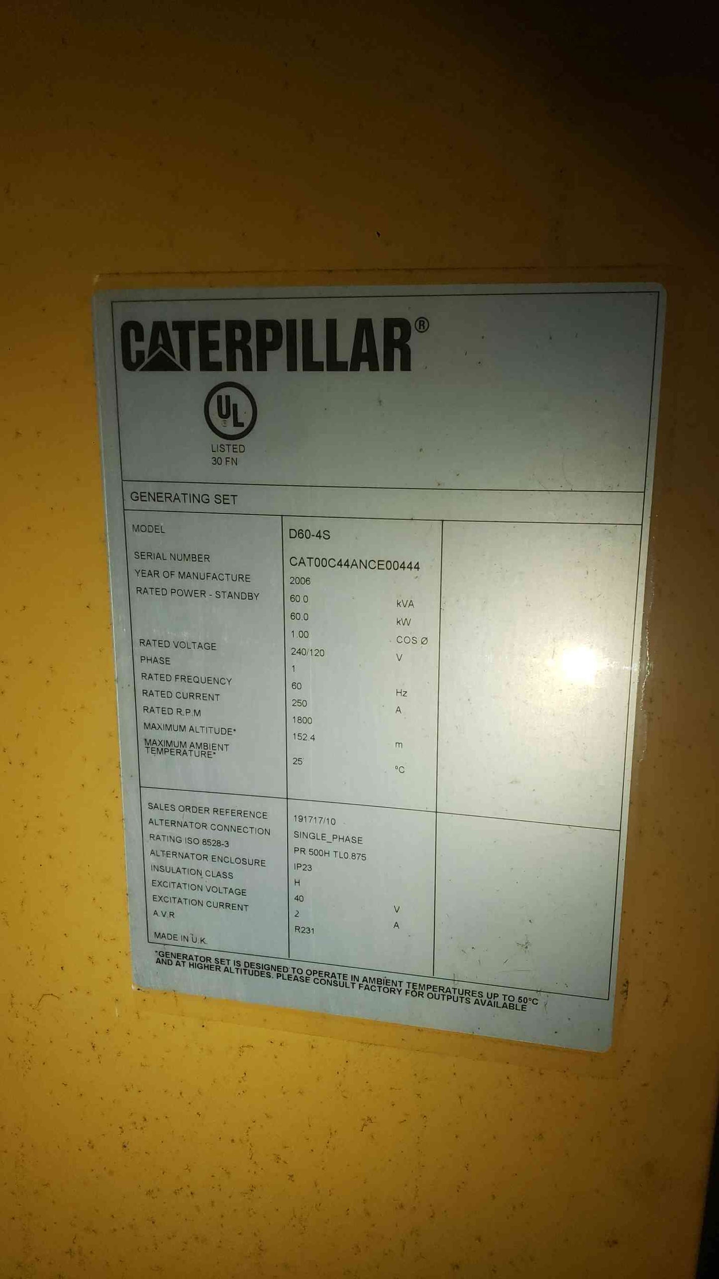 Caterpillar 60kW Diesel Standby Generator D60-4S 120/240V Single Phase CAT C4.4 102 Hrs. (SKU: 113050)