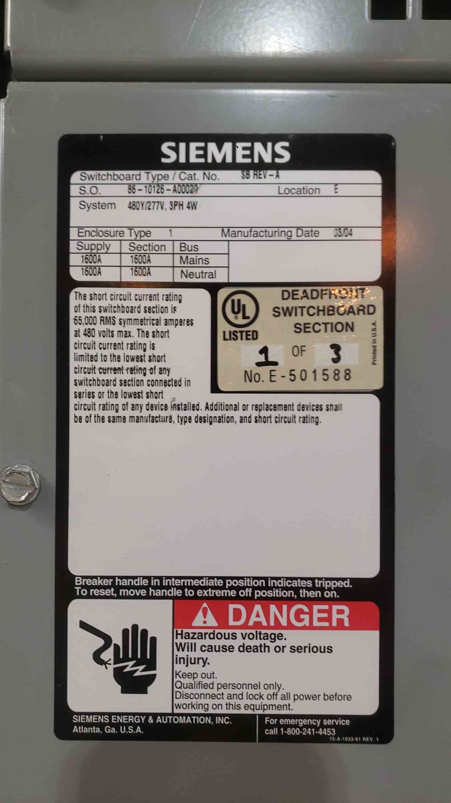 Siemens 1600A Switchboard Lineup | 480Y/277V 3P 4W | 65kA | SBA 1600 Main + (13) Feeder Breakers (SKU: 113172)