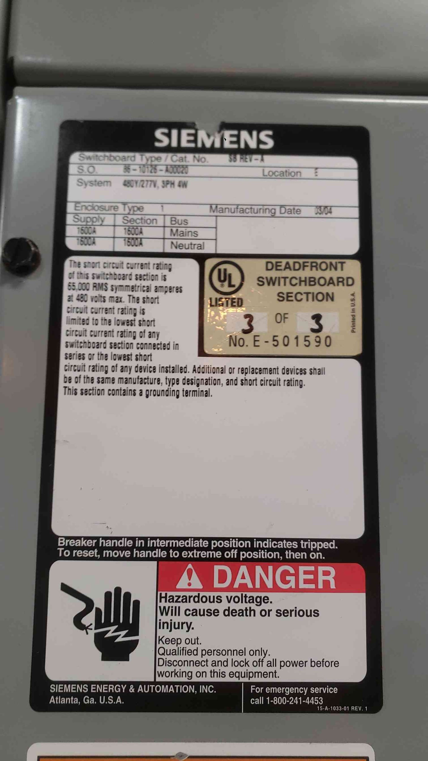 Siemens 1600A Switchboard Lineup | 480Y/277V 3P 4W | 65kA | SBA 1600 Main + (13) Feeder Breakers (SKU: 113172)