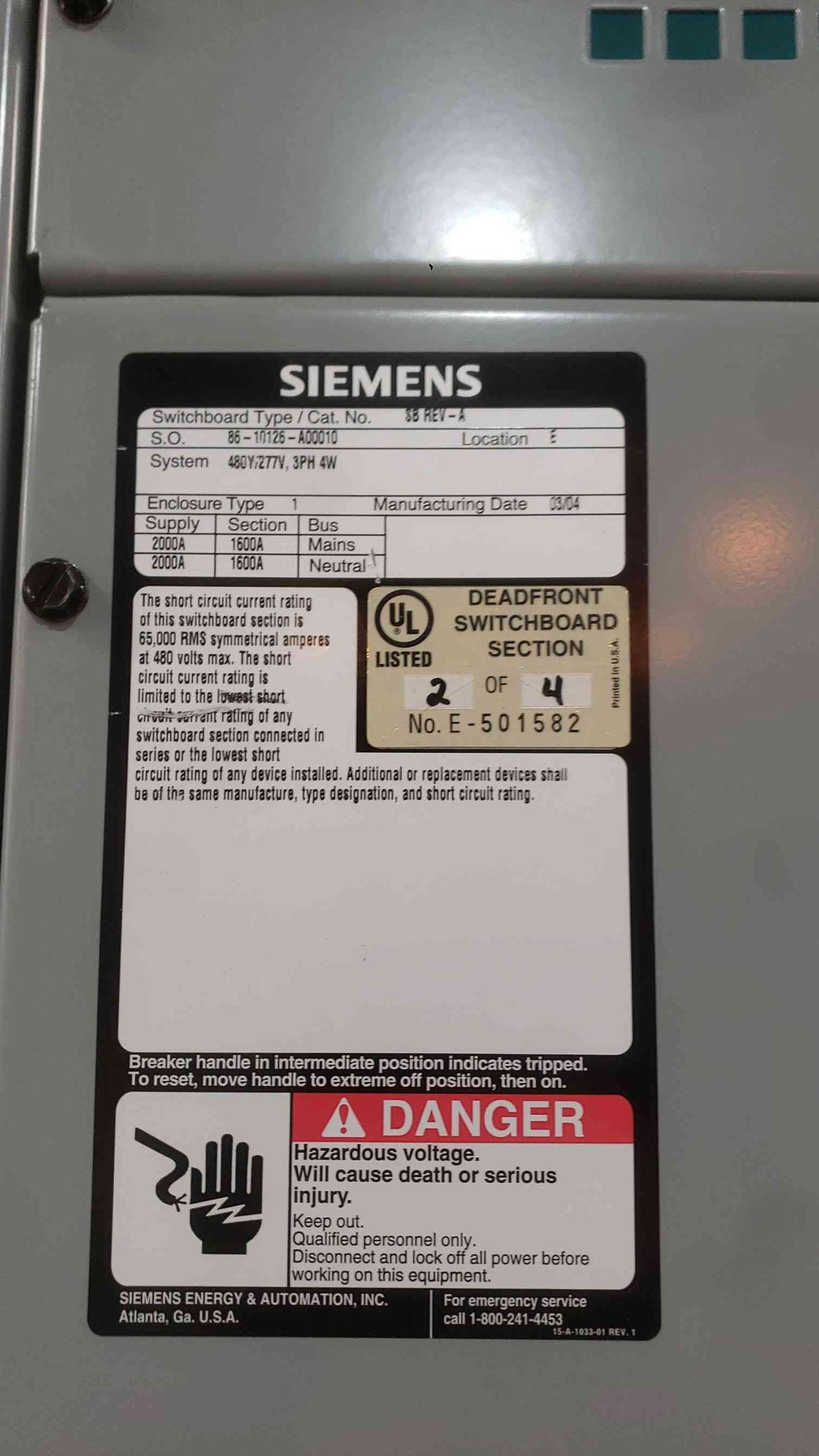 Siemens 4-Section 1600A/2000A Switchgear Lineup | 480Y/277V 3P 4W | 65kA | (3) SBA2016 Mains + Distribution (SKU: 113174)