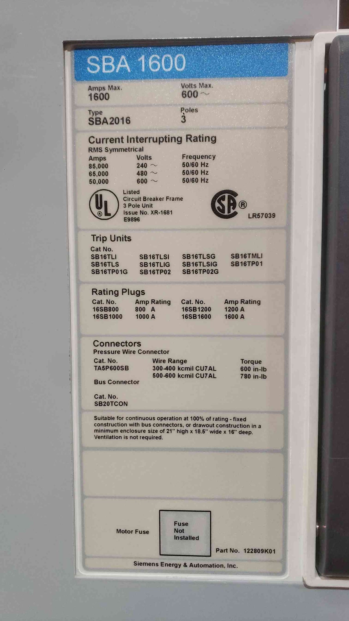 Siemens 4-Section 1600A/2000A Switchgear Lineup | 480Y/277V 3P 4W | 65kA | (3) SBA2016 Mains + Distribution (SKU: 113174)