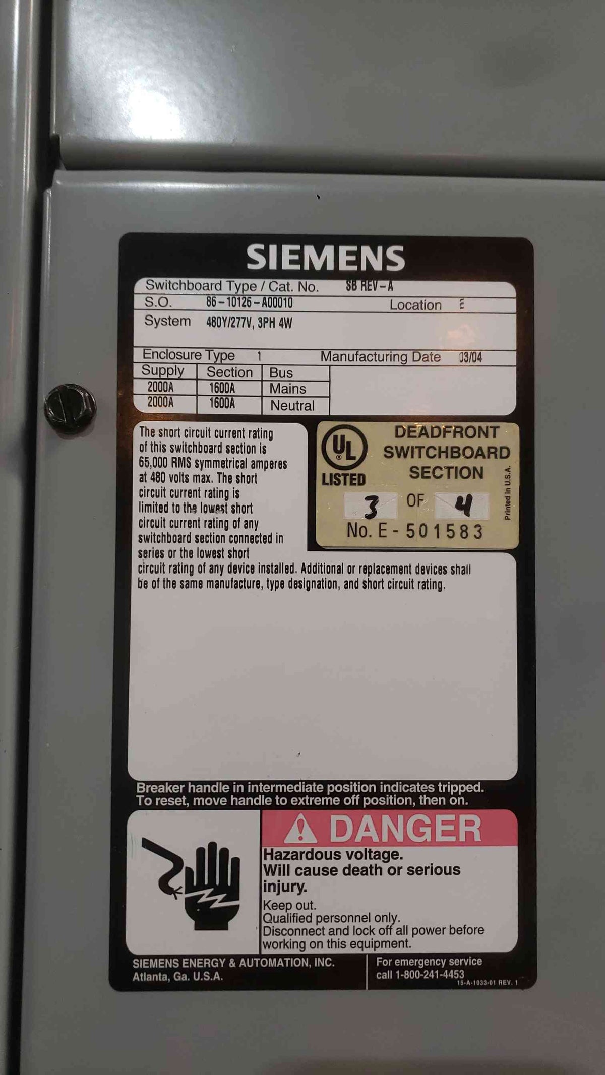 Siemens 4-Section 1600A/2000A Switchgear Lineup | 480Y/277V 3P 4W | 65kA | (3) SBA2016 Mains + Distribution (SKU: 113174)