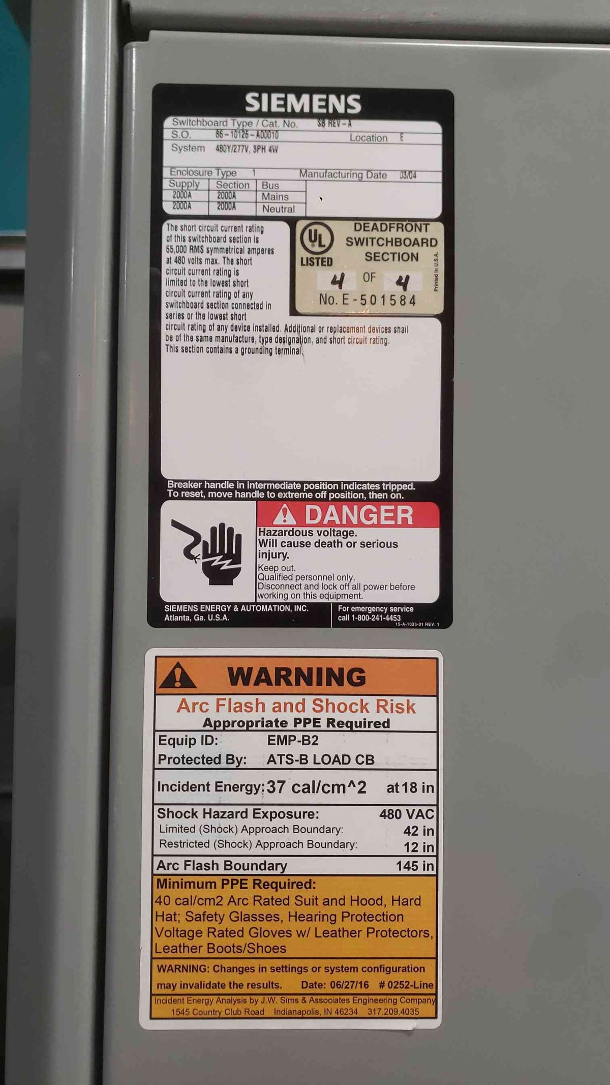 Siemens 4-Section 1600A/2000A Switchgear Lineup | 480Y/277V 3P 4W | 65kA | (3) SBA2016 Mains + Distribution (SKU: 113174)