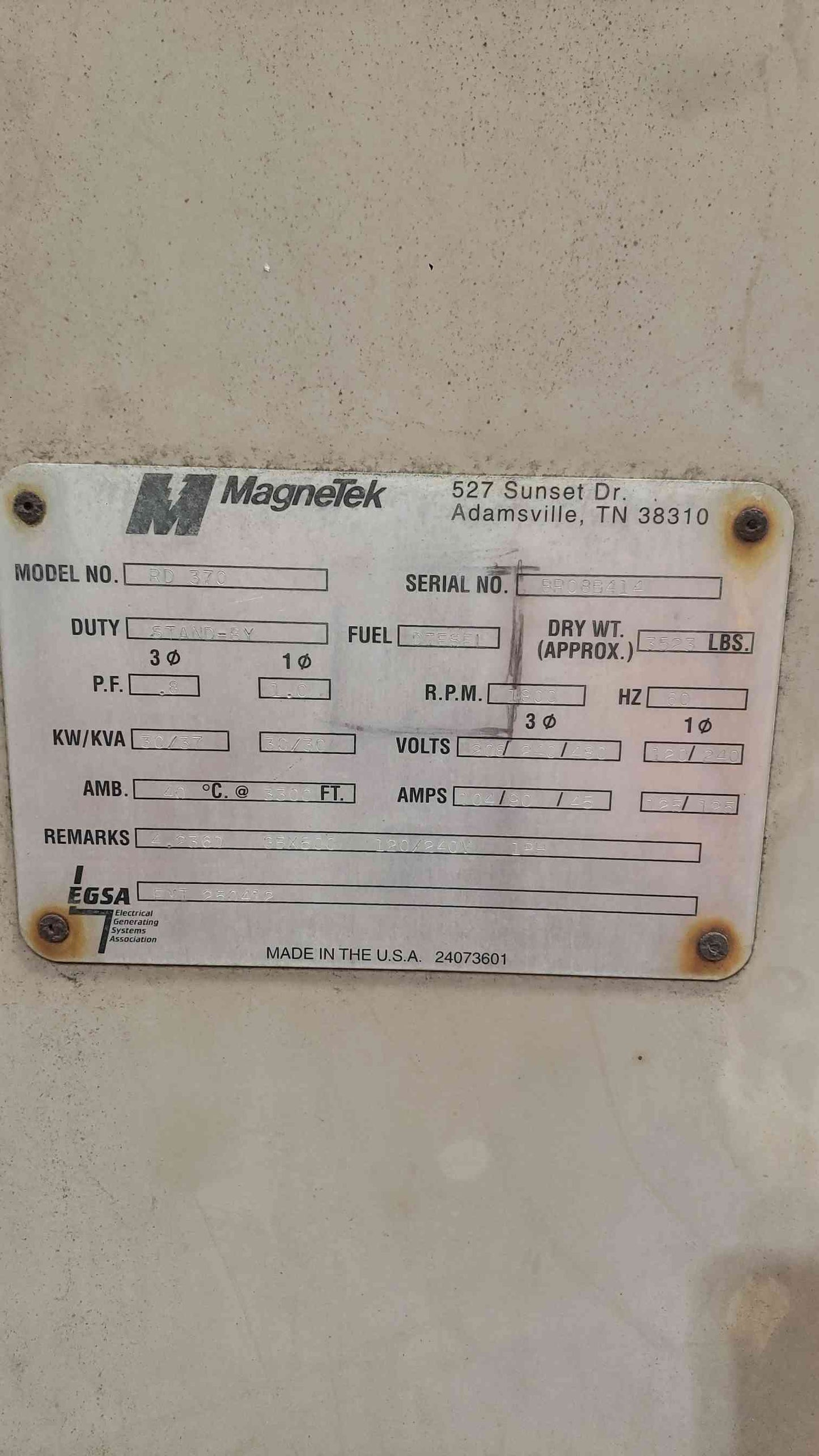 MagneTek Perkins RD 370 30kW Diesel Generator 1&3PH 389Hrs. TESTED (SKU: 113053)