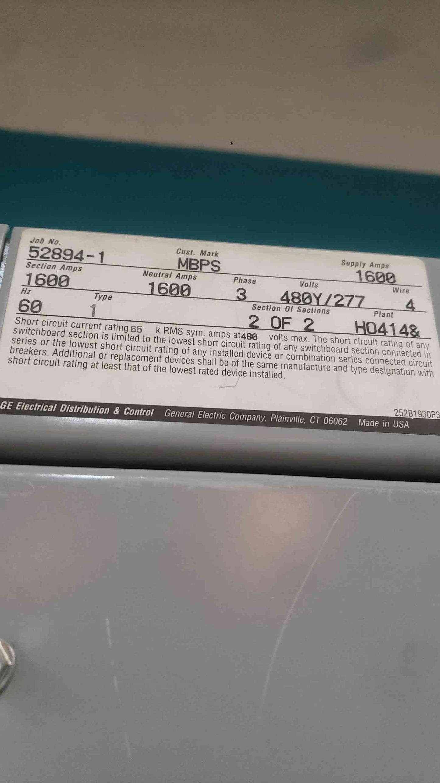 GE Spectra Series 1600A Switchboard | 480V 3P 4W | 65kA | (3) SSF16B216 Breakers (SKU: 113179)