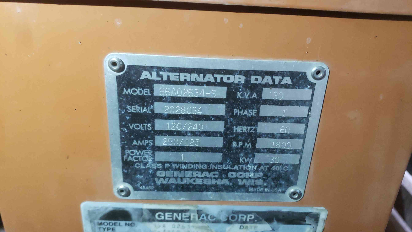 30kW Generac 120/240V 1PH NG/LP Liquid Cooled 1800RPM 479.2 Hrs. AS-IS