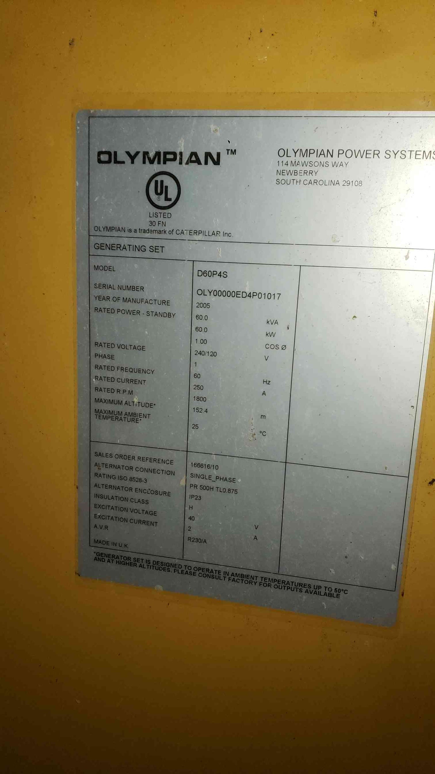 Olympian D60P4S 60KW 240/120V 250A 1PH Diesel 1062.5 Hrs. TESTED(SKU: 113191)