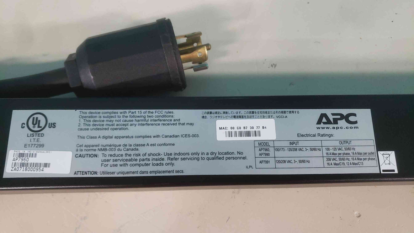 APC AP7960 Switched Rack PDU 0U 3-Phase 5.7kW 120V (24) NEMA 5-20R Outlets L21-20P