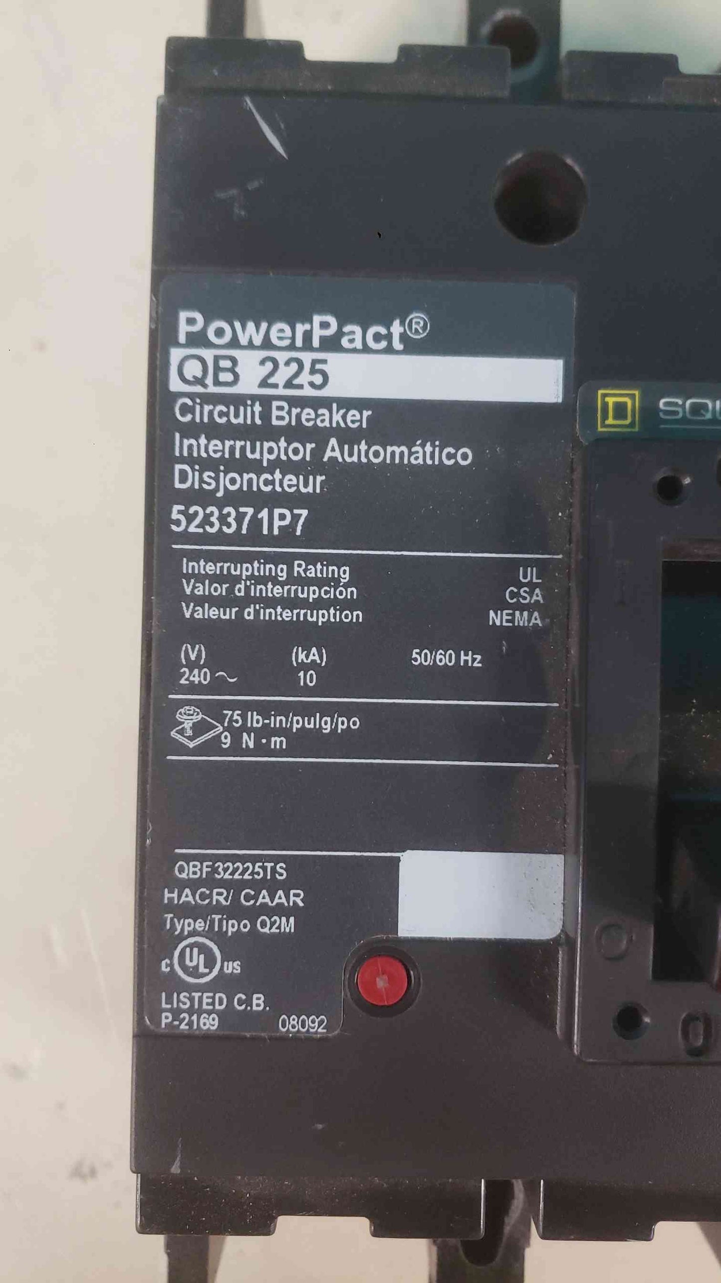 Square D PowerPact QB 225 Circuit Breaker 3-Pole 225A 240V QBF32225TS 10kA (SKU: 113204)