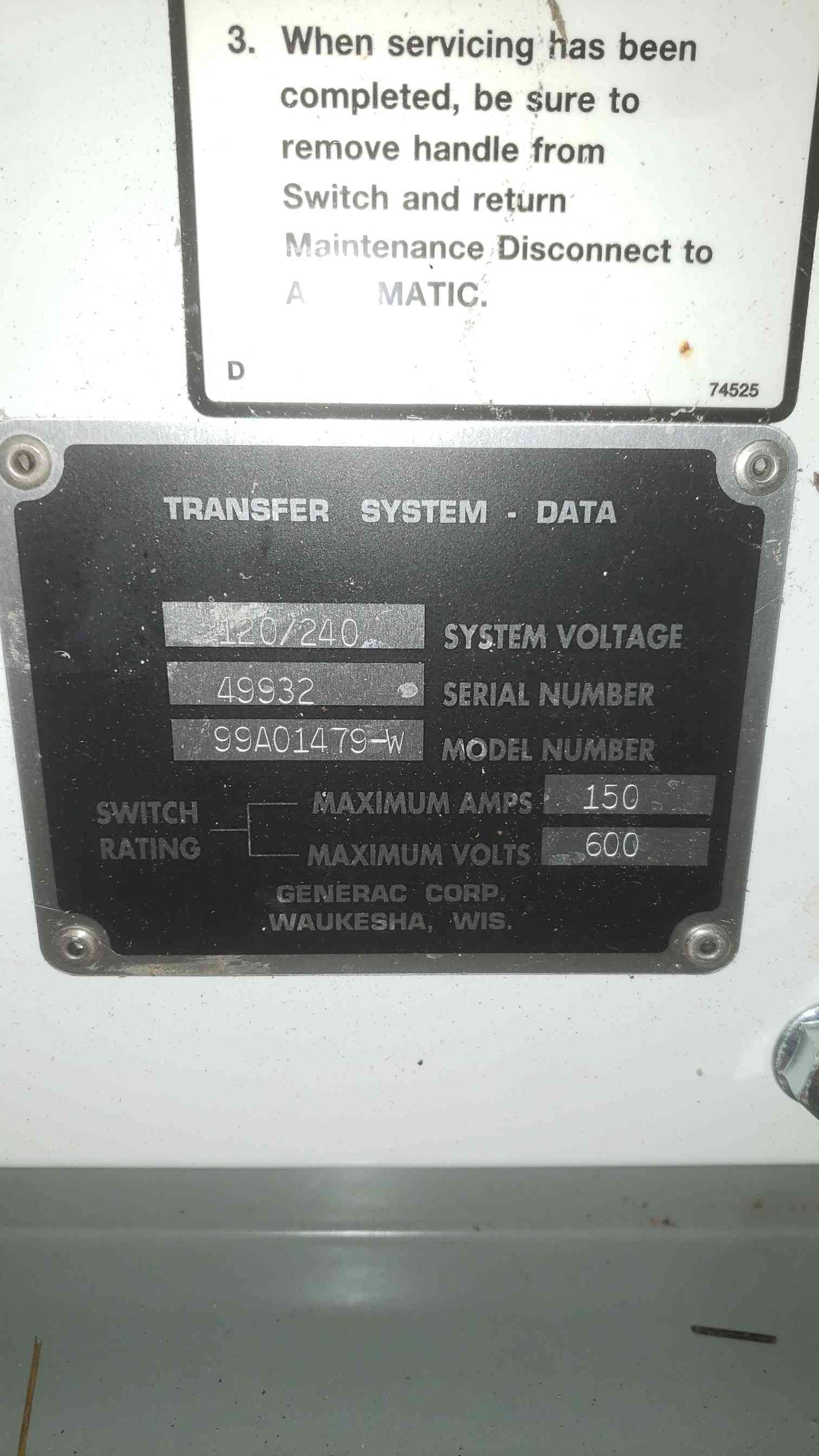 Generac GTS Automatic Transfer Switch 150 Amp 120/240v 0C88820SRV Enclosed Industrial ATS (SKU: 113249)