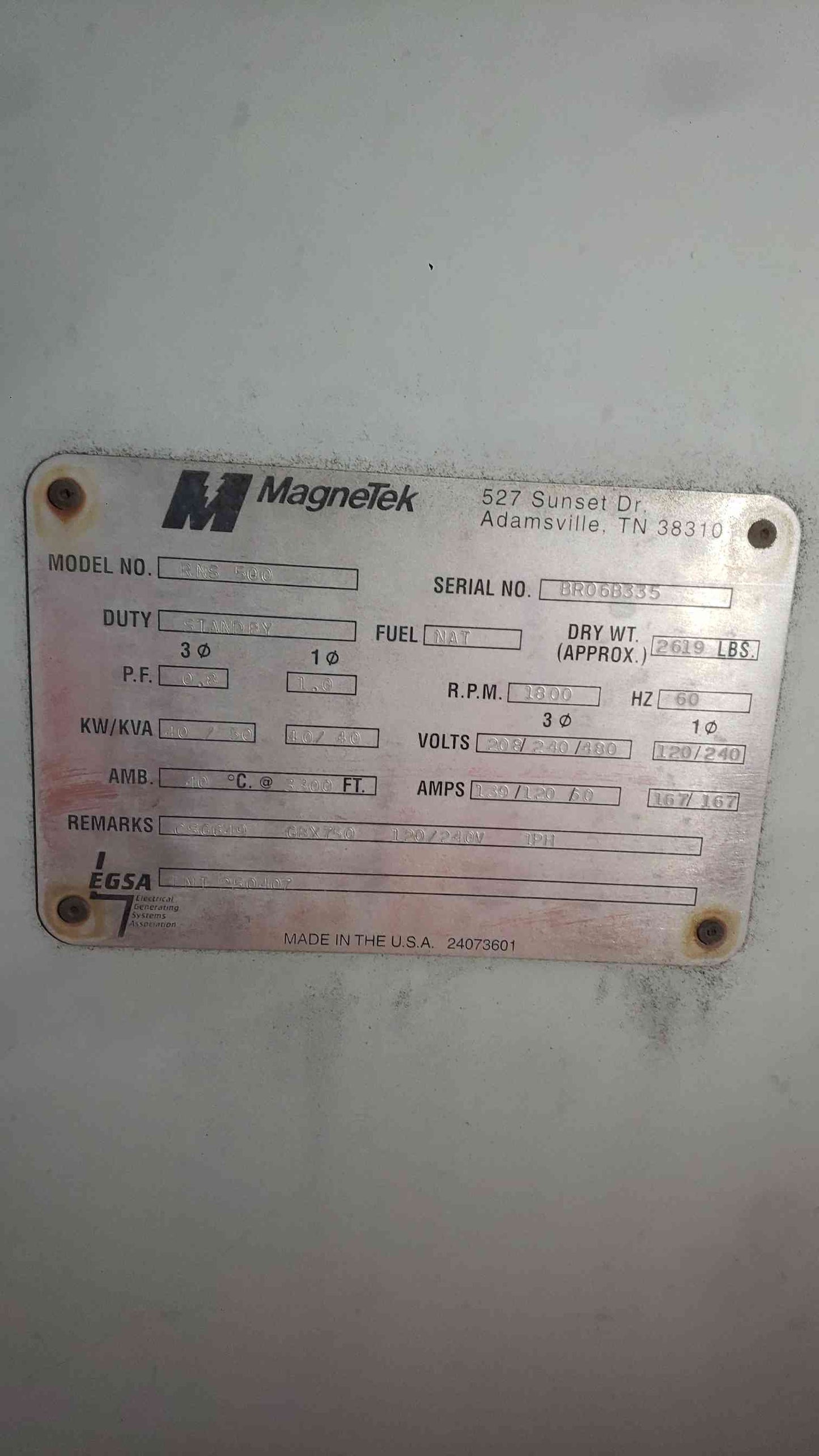 AS-IS MagneTek RNS 500 Generator 40KW 120/240 167A 1PH LP Nat Gas 691 Hrs. (SKU: 113303)
