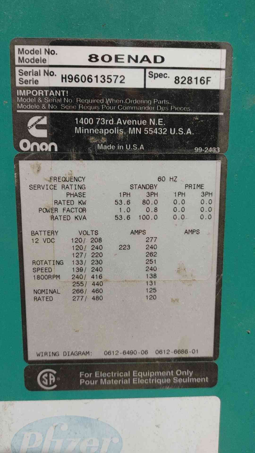 Cummins Onan 80kW Standby Generator 80ENAD 1&3PH LP Nat Gas 370 Hrs TESTED (SKU: 113329)