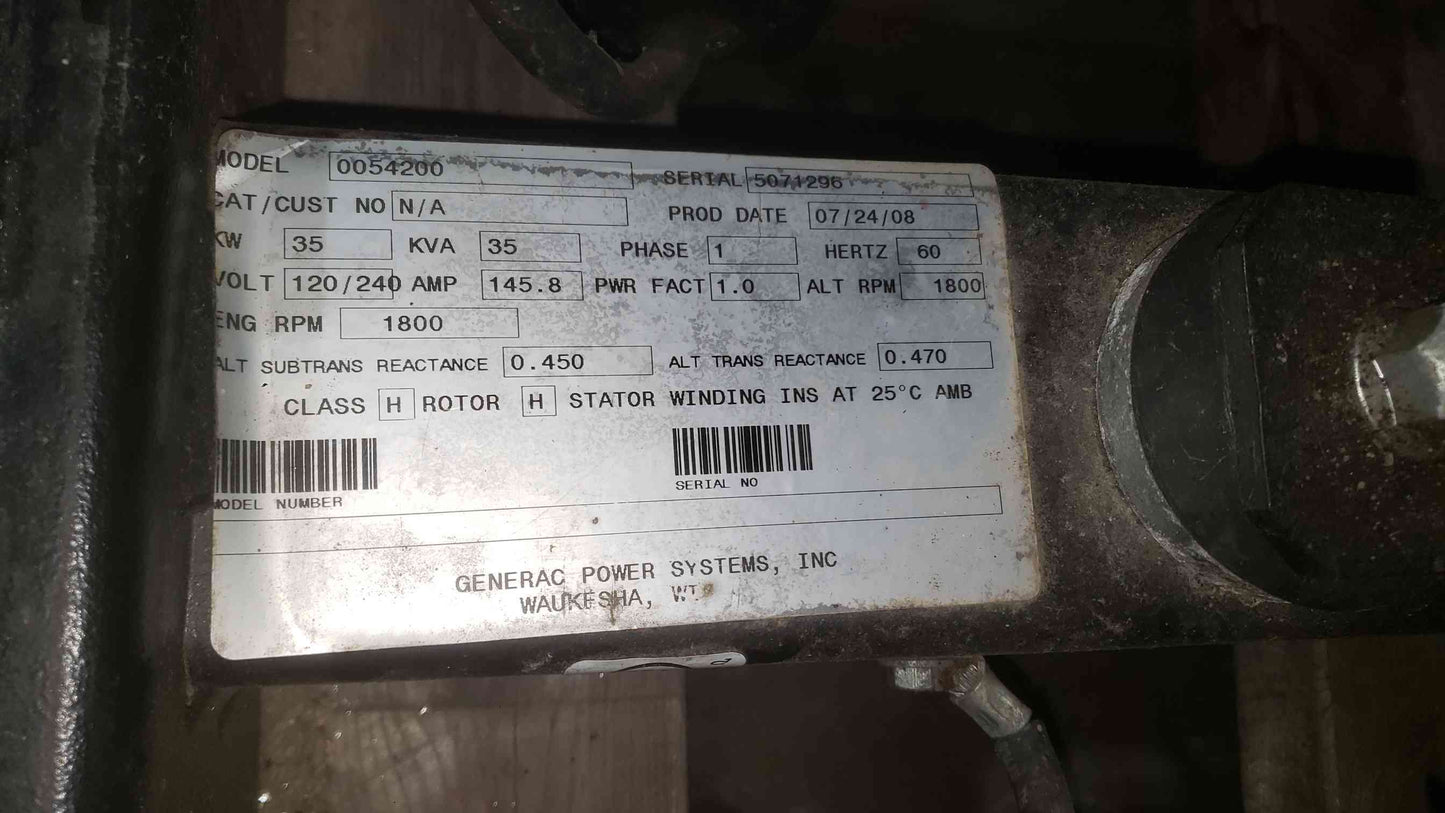 AS-IS 35KW Generac Generator Quiet Source 0054200 120/240V 145.8A 1PH LP Nat Gas (SKU: 113344)