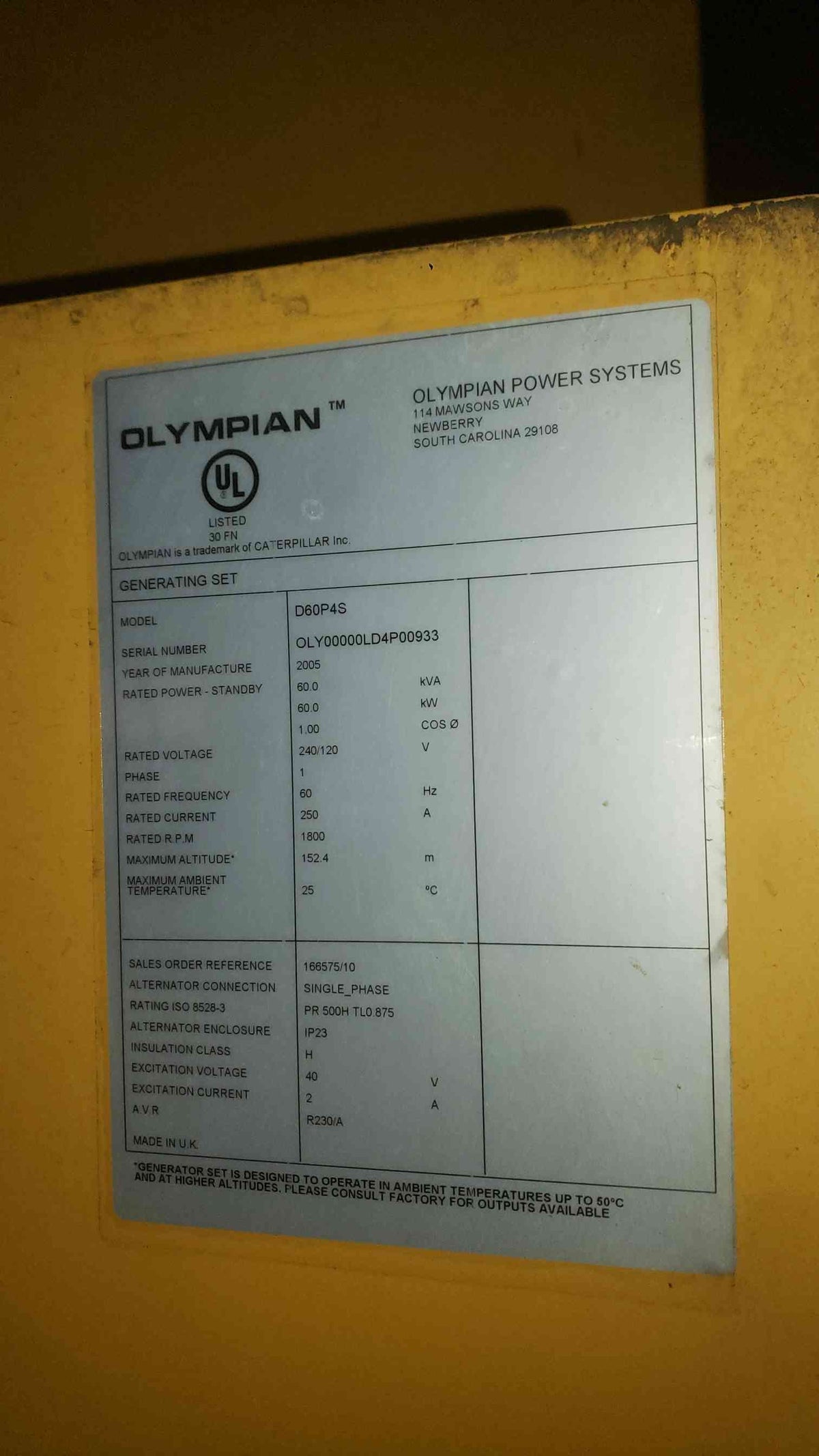 AS-IS 60KW Olympian D60P4S 240/120V 250A 1PH Diesel 390.9 Hrs. (SKU: 113352)
