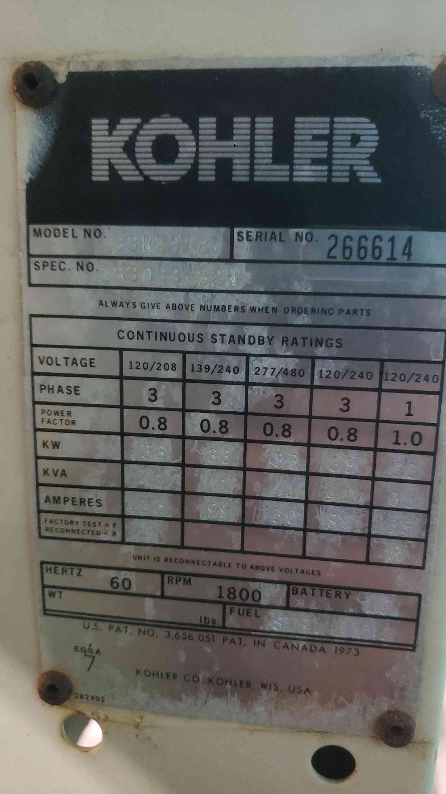 AS-IS 33KW KOHLER Generator 33RZ282 120/240 99A MULTI-PHASE LP/NG 886.6 Hrs. (SKU: 113356)