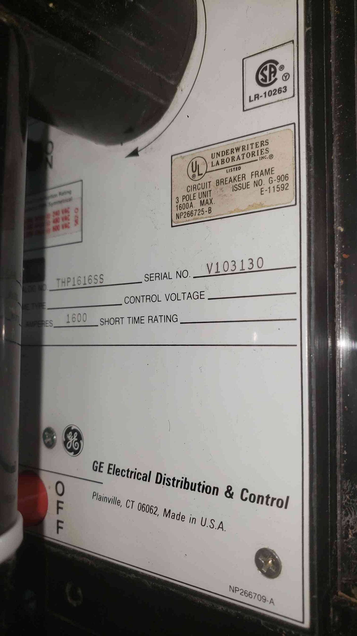 GE Power Break THP1616SS 1600A Circuit Breaker with RMS-9 MicroVersaTrip TS20LI TR16S1200 (SKU: 113381)