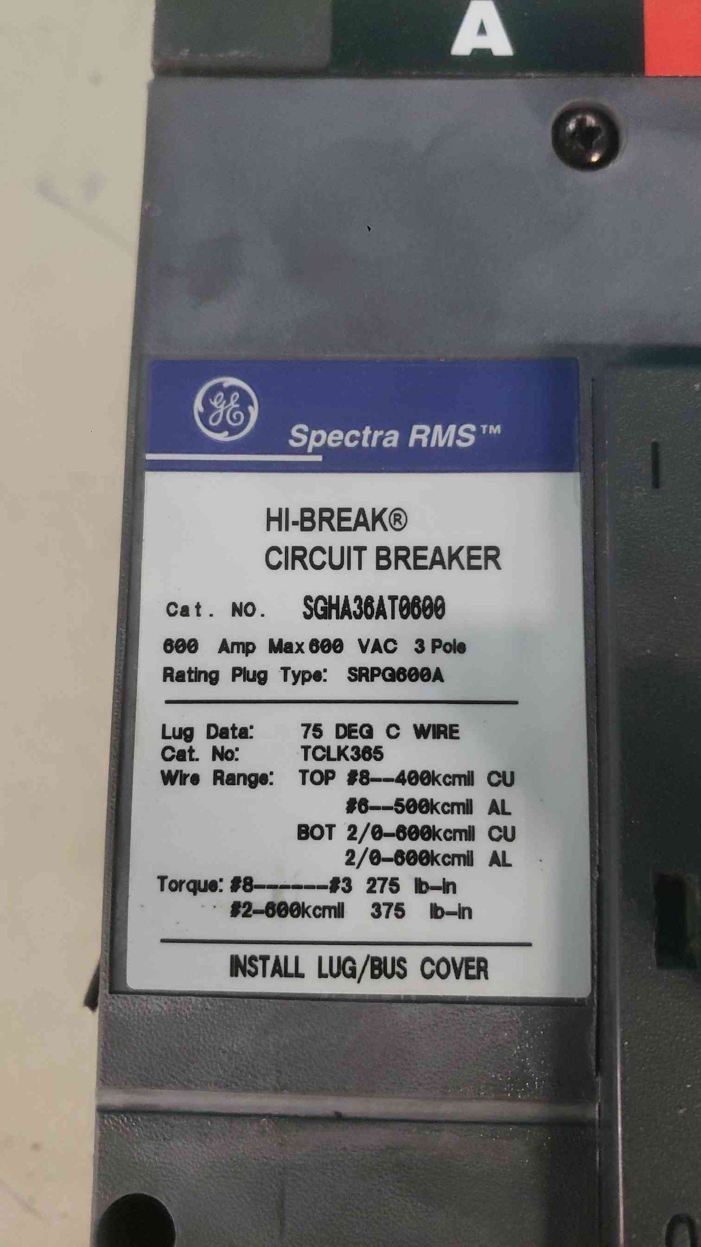 GE Spectra RMS SGHA36AT0600 600A 3 Pole 600V Hi-Break Breaker SRPG600A SGHA 35k (SKU: 113384)