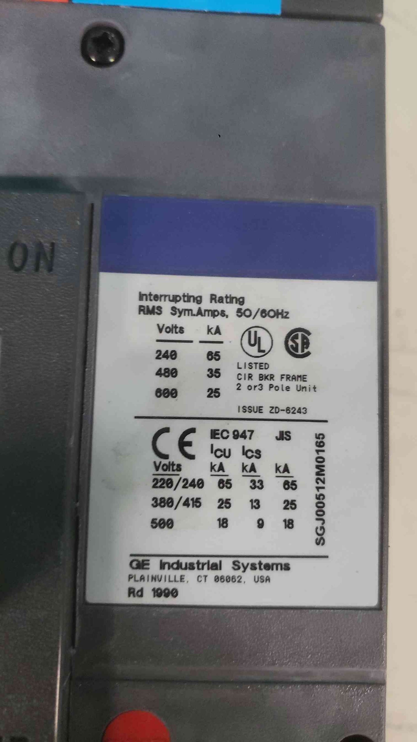 GE Spectra RMS SGHA36AT0600 600A 3 Pole 600V Hi-Break Breaker SRPG600A SGHA 35k (SKU: 113384)