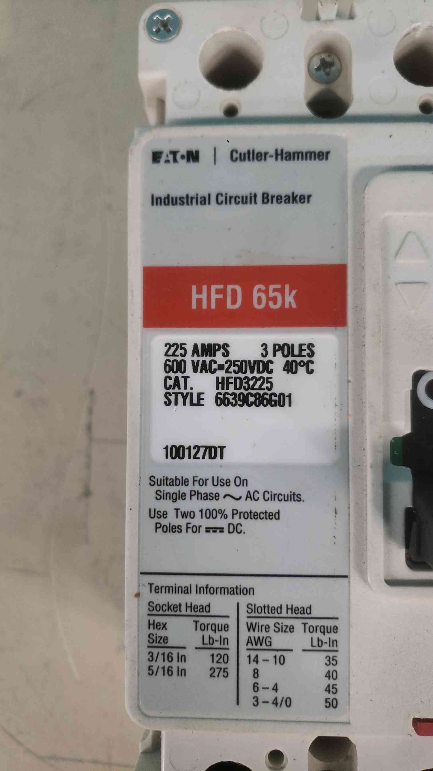 Eaton Cutler Hammer HFD3225 225 Amp 3 Pole 600V Circuit Breaker HFD3225 65k MCCB (SKU: 113385)