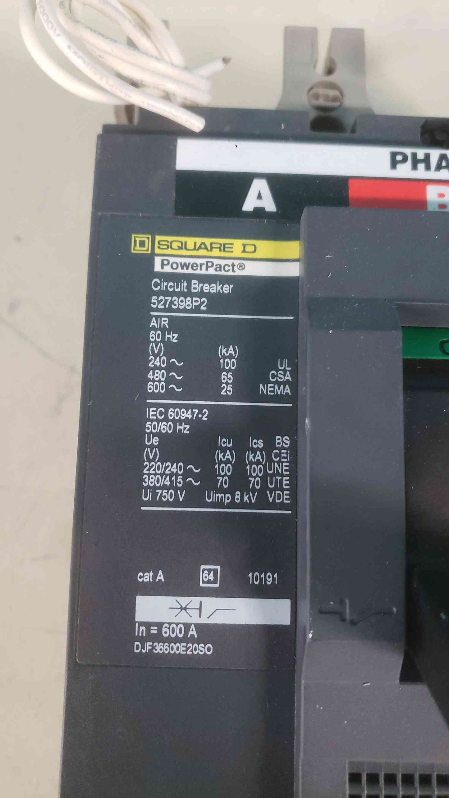 Square D PowerPact DJF36600E20SO 600A 3 Pole 600V Breaker STR 23 SP 600 Amp DJ 65k (SKU: 113387)