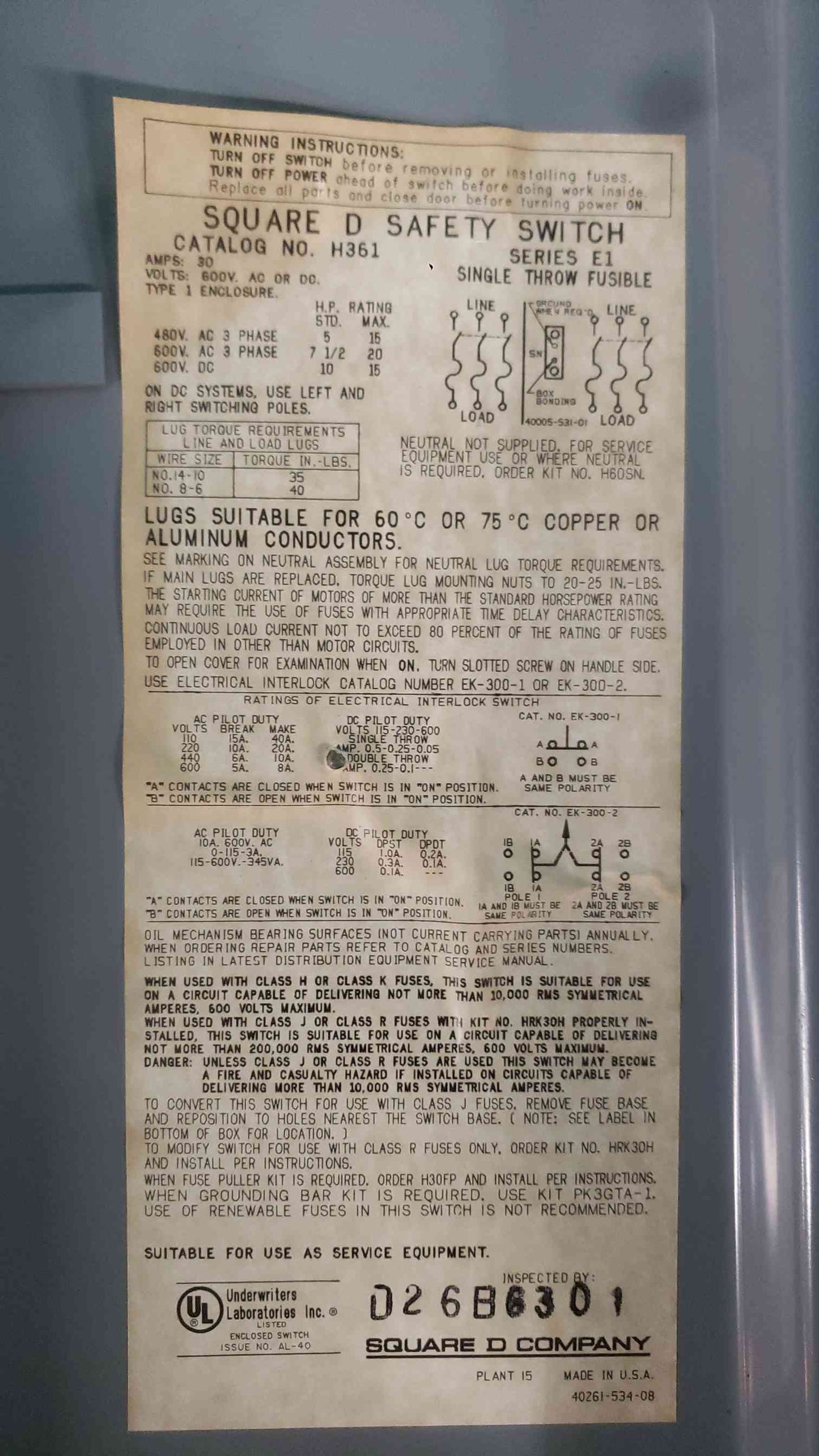 Square D H361 30 Amp 3 Pole 600V Fused Safety Switch Disconnect H361 Series E1 (SKU: 113392)