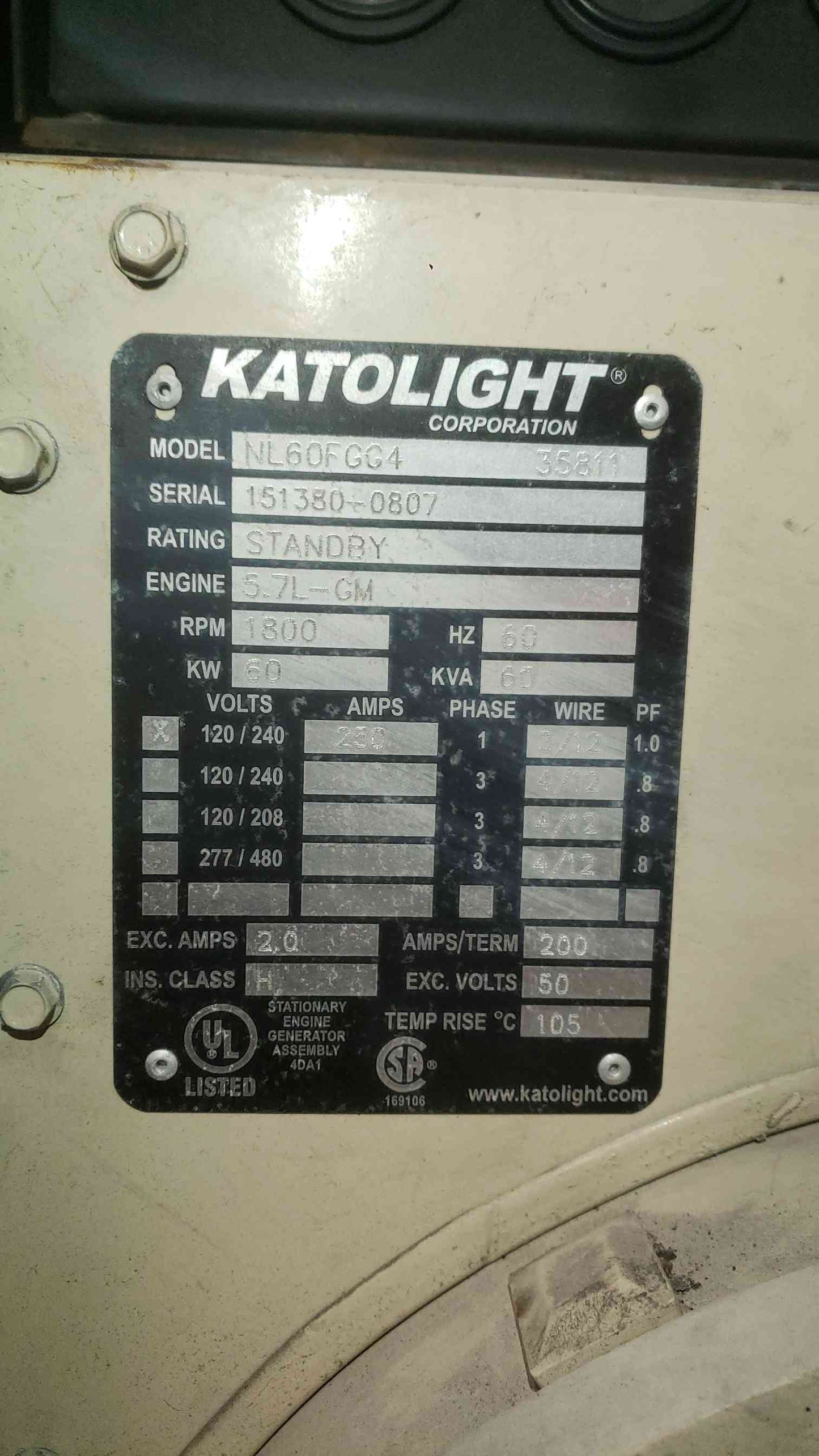 60KW Katolight NL60FGG4 120/240V 250A 1PH LP/NG 309Hrs TESTED (SKU: 113518)