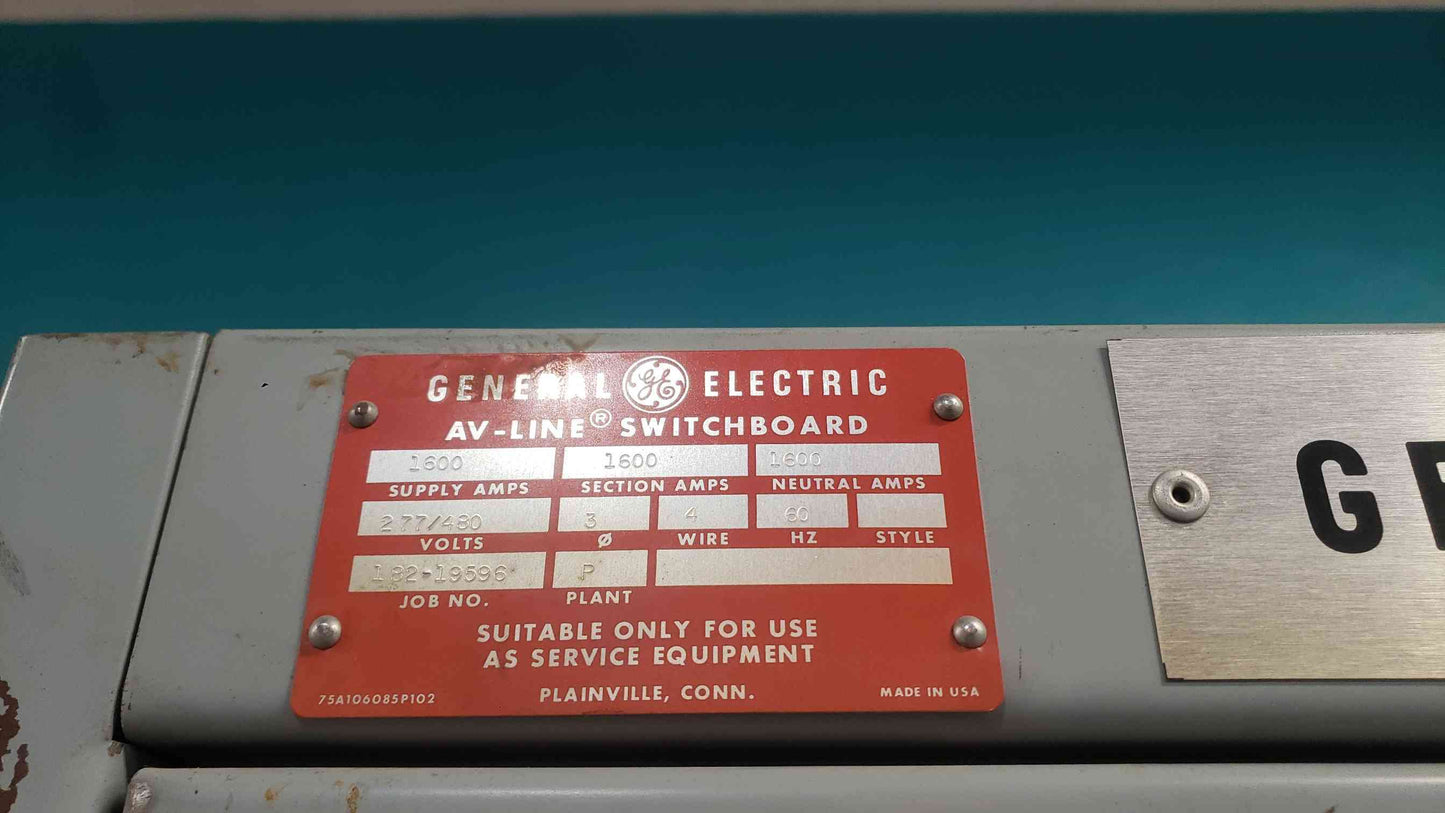 GE AV-Line Switchboard 1600A 480V 3PH 4W 10 Breaker Dist Main Power Break (SKU: 113494)