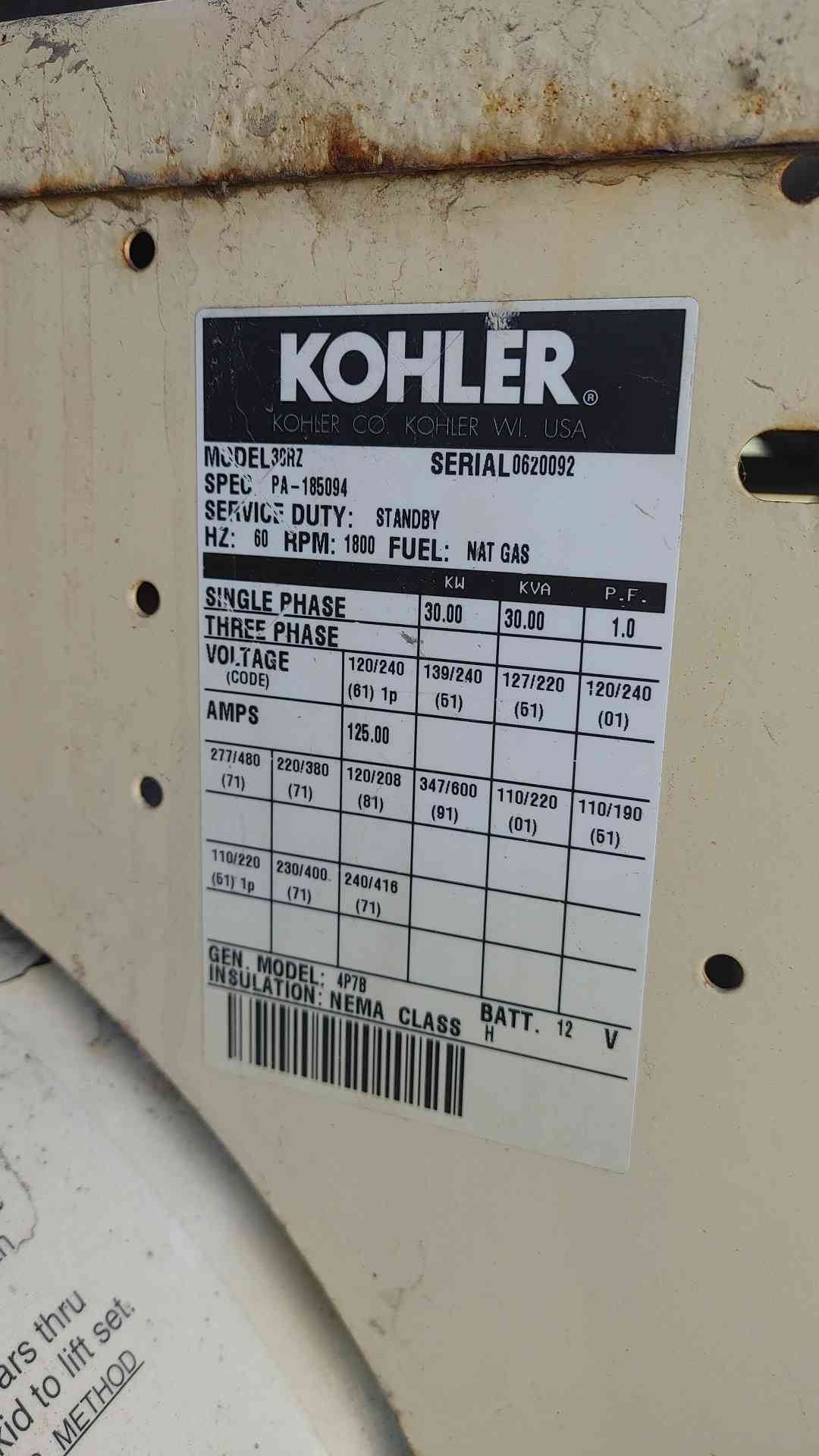 Kohler 30RZ 30kW Natural Gas Standby Generator 120/240V 1ph/3ph 692.2Hrs(SKU: 113582)