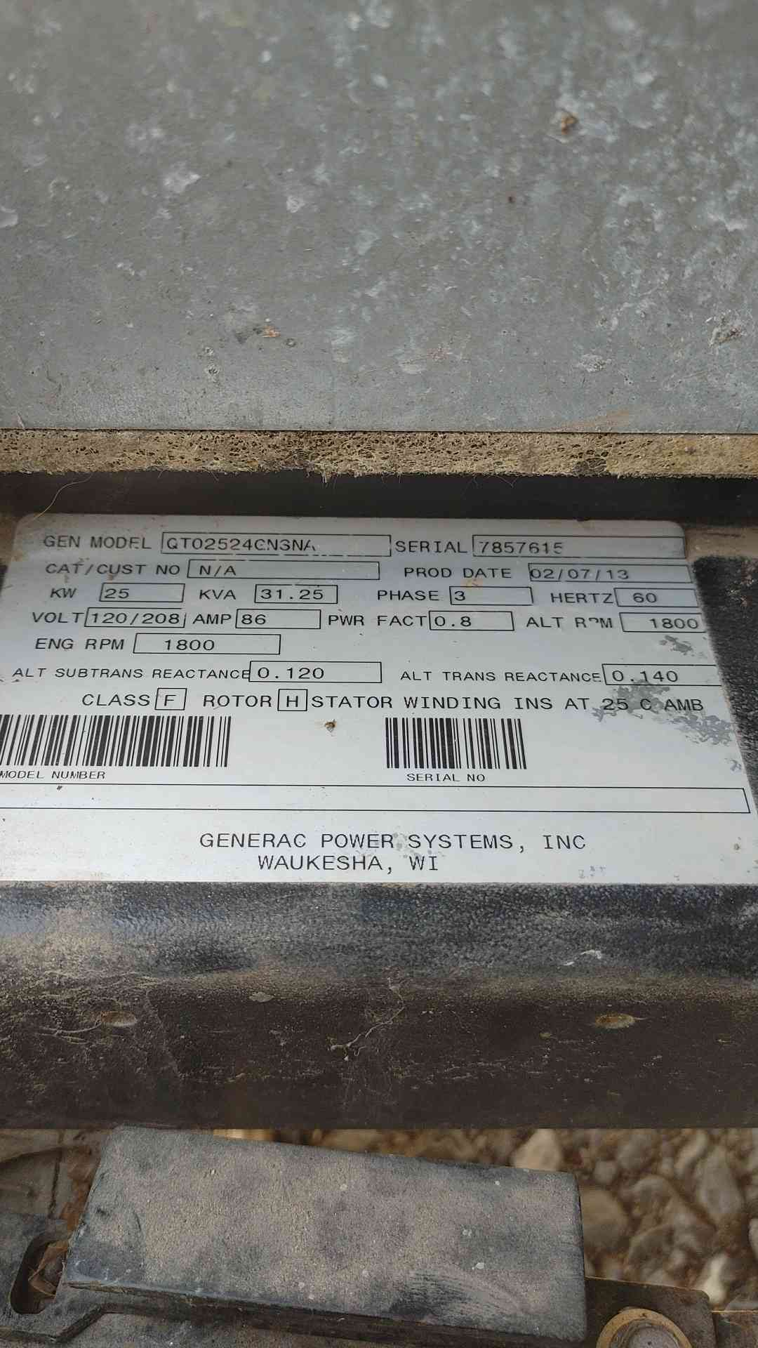 Generac QT02524CN3NA 25kW Standby Commercial Generator 120/208V 3 Phase 25 kW 317.5Hrs(SKU: 113585)