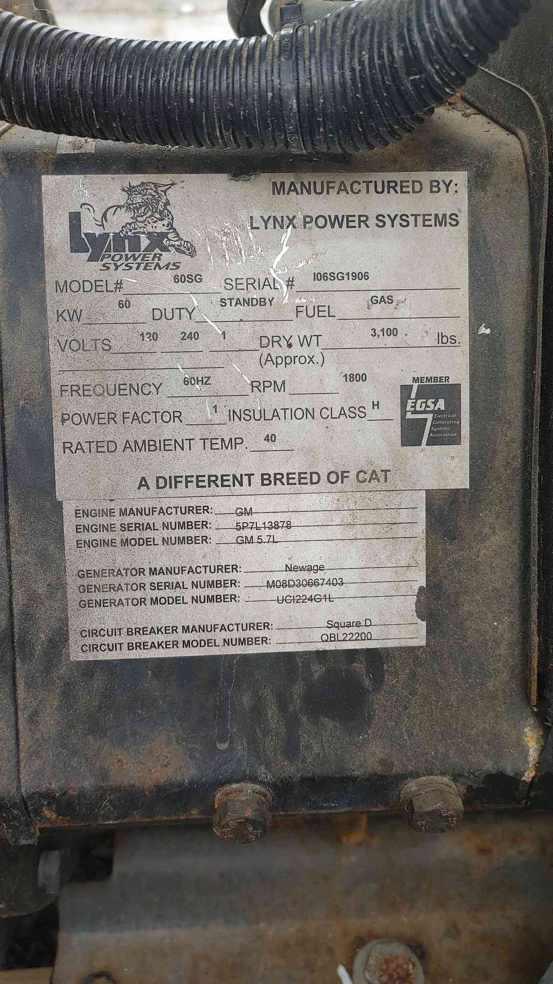 Lynx 60KW 120/240V 1PH  NG/LP Generator Model 60SG 'TESTED'(SKU: 113559)