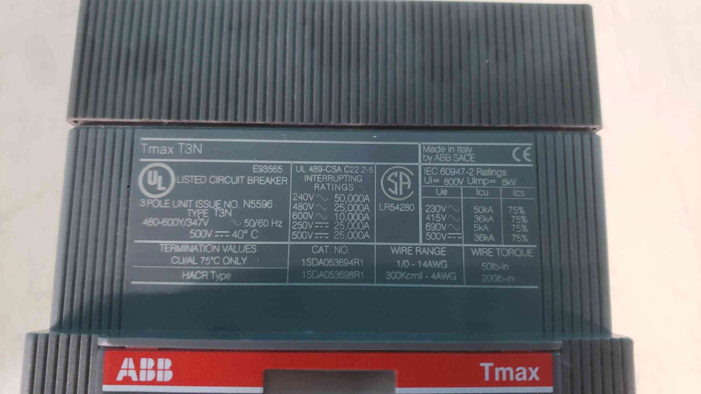 ABB Tmax T3N 225A Circuit Breaker 3 Pole 480V 600V MCCB 1SDA053694R1 1SDA053698R1 (SKU: 113644)