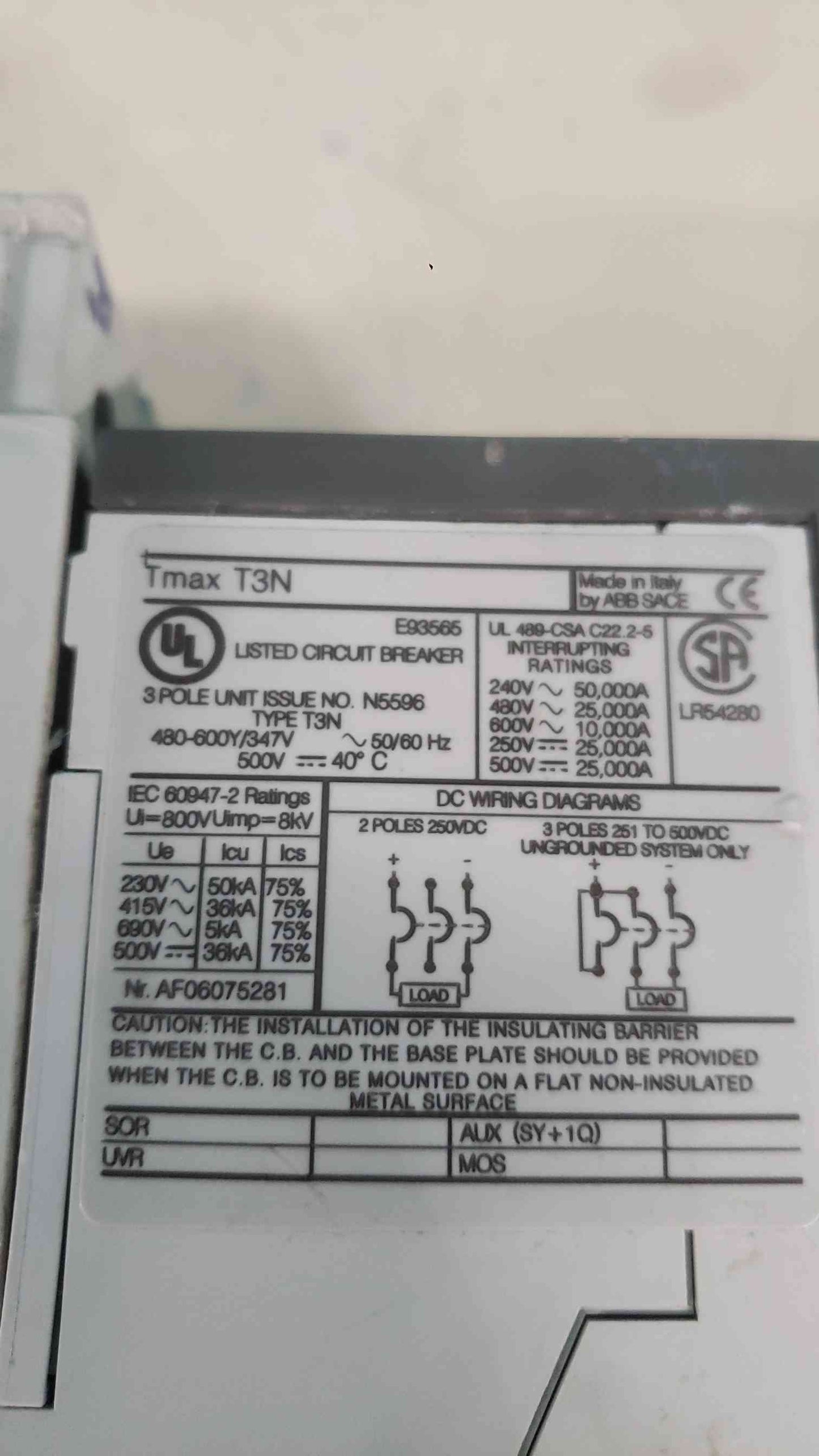 ABB Tmax T3N 225A Circuit Breaker 3 Pole 480V 600V MCCB 1SDA053694R1 1SDA053698R1 (SKU: 113644)