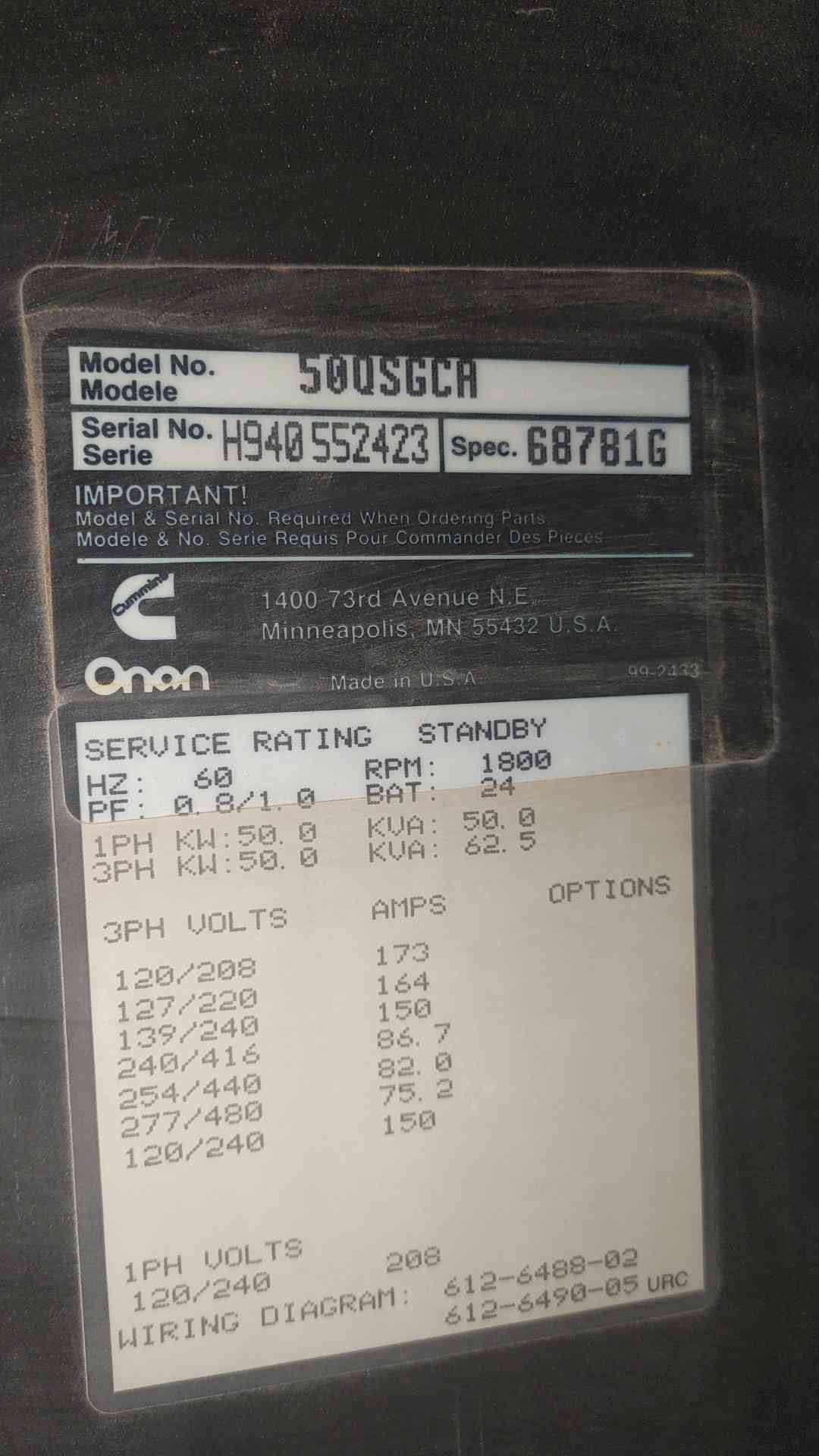 CUMMINS-ONAN 50KW 1-3PH Diesel Generator 50QSGCA 500.8Hrs(SKU: 113534)
