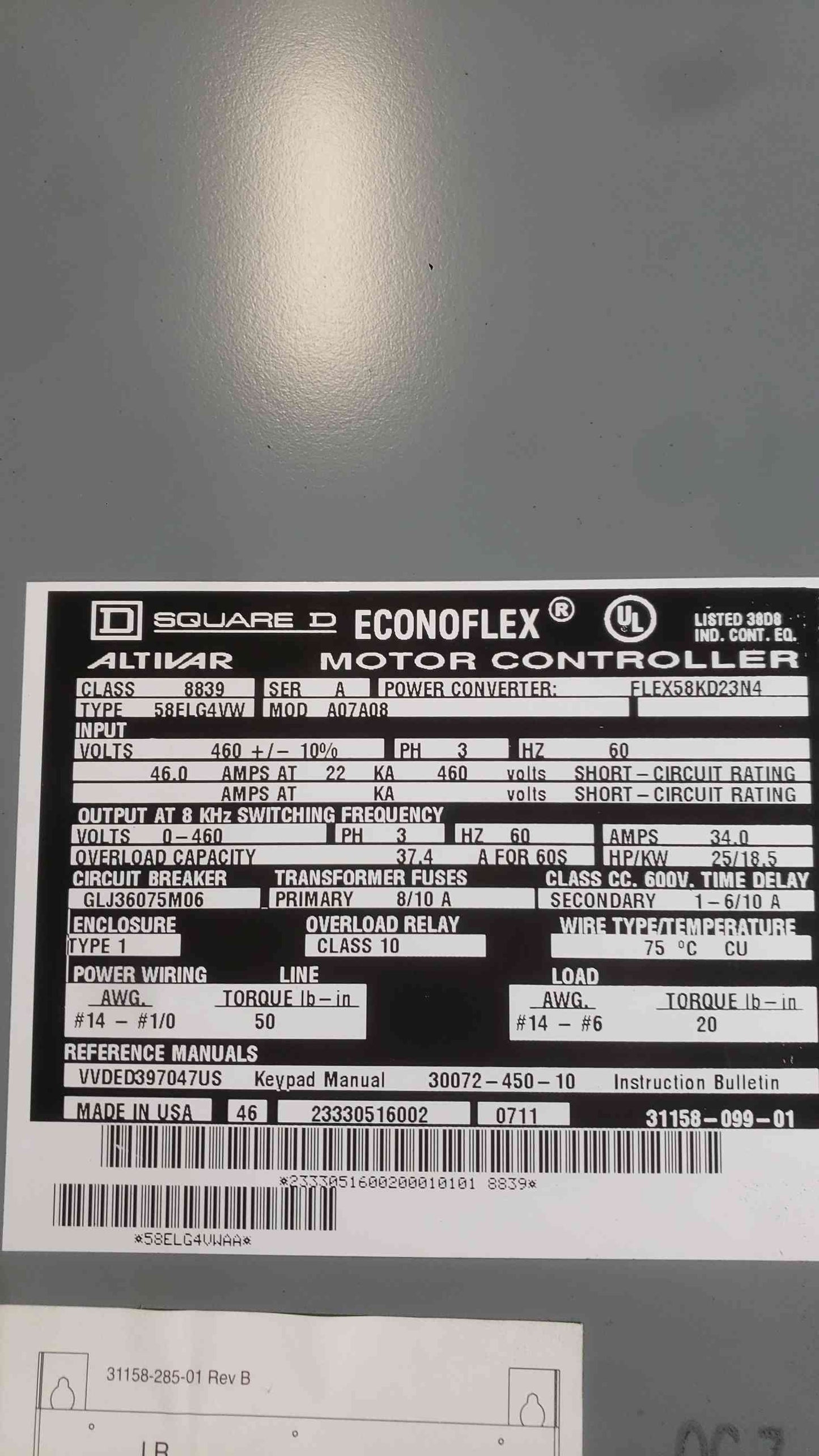 Square D Econoflex VFD 25 HP 460V Class 8839 58ELG4VW Altivar FLEX58KD23N4 Drive
