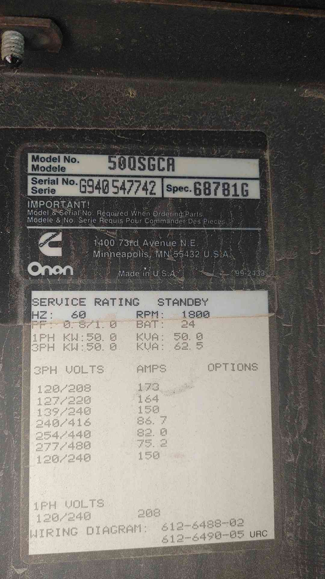 Cummins Onan 50KW 1&3PH Diesel Generator 50QSGCA 346Hrs (SKU: 113533)